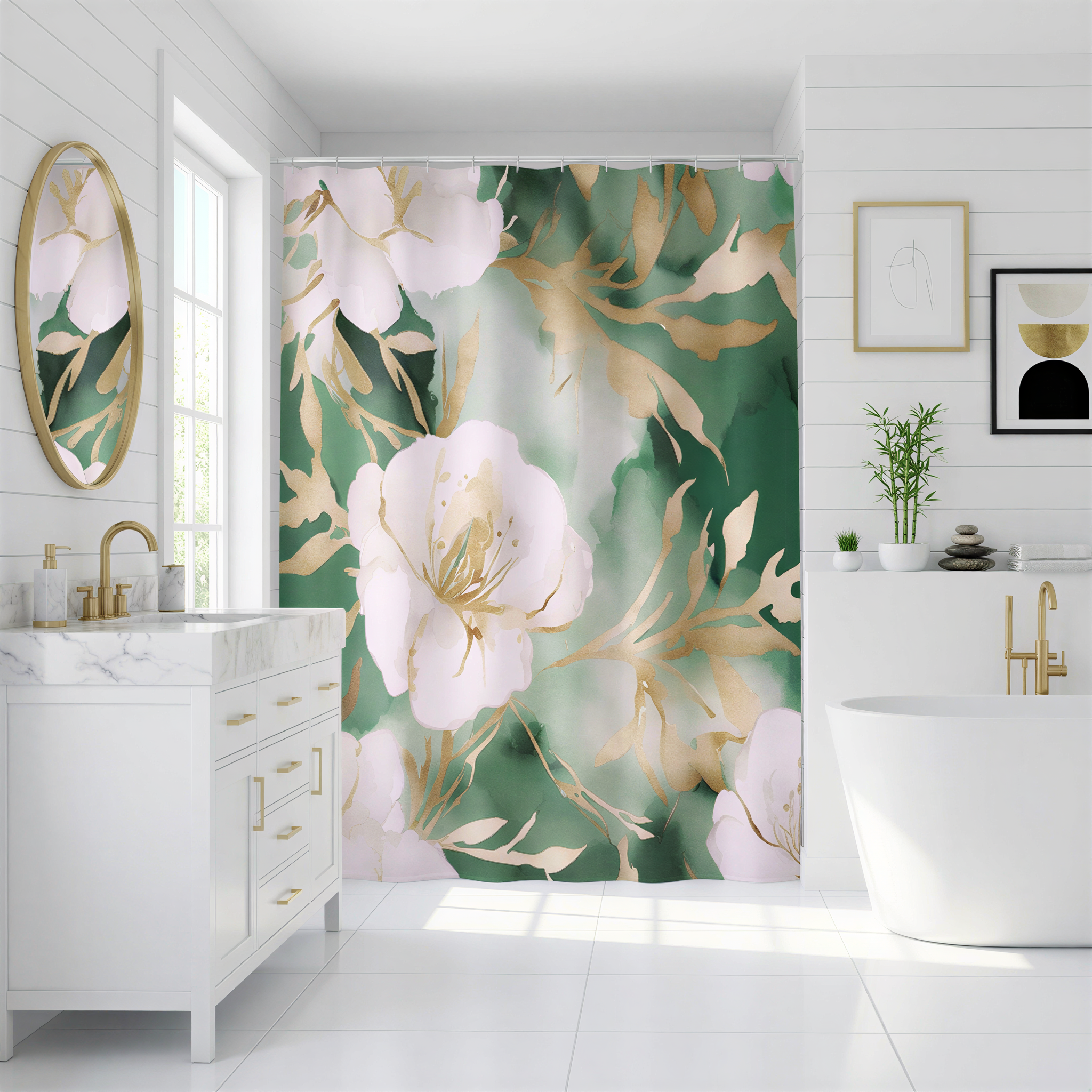 a modern and luxurious bathroom with a large floral shower curtain featuring pink and green flowers. The bathroom is well-lit and has a white color scheme, with a white bathtub and a white vanity.