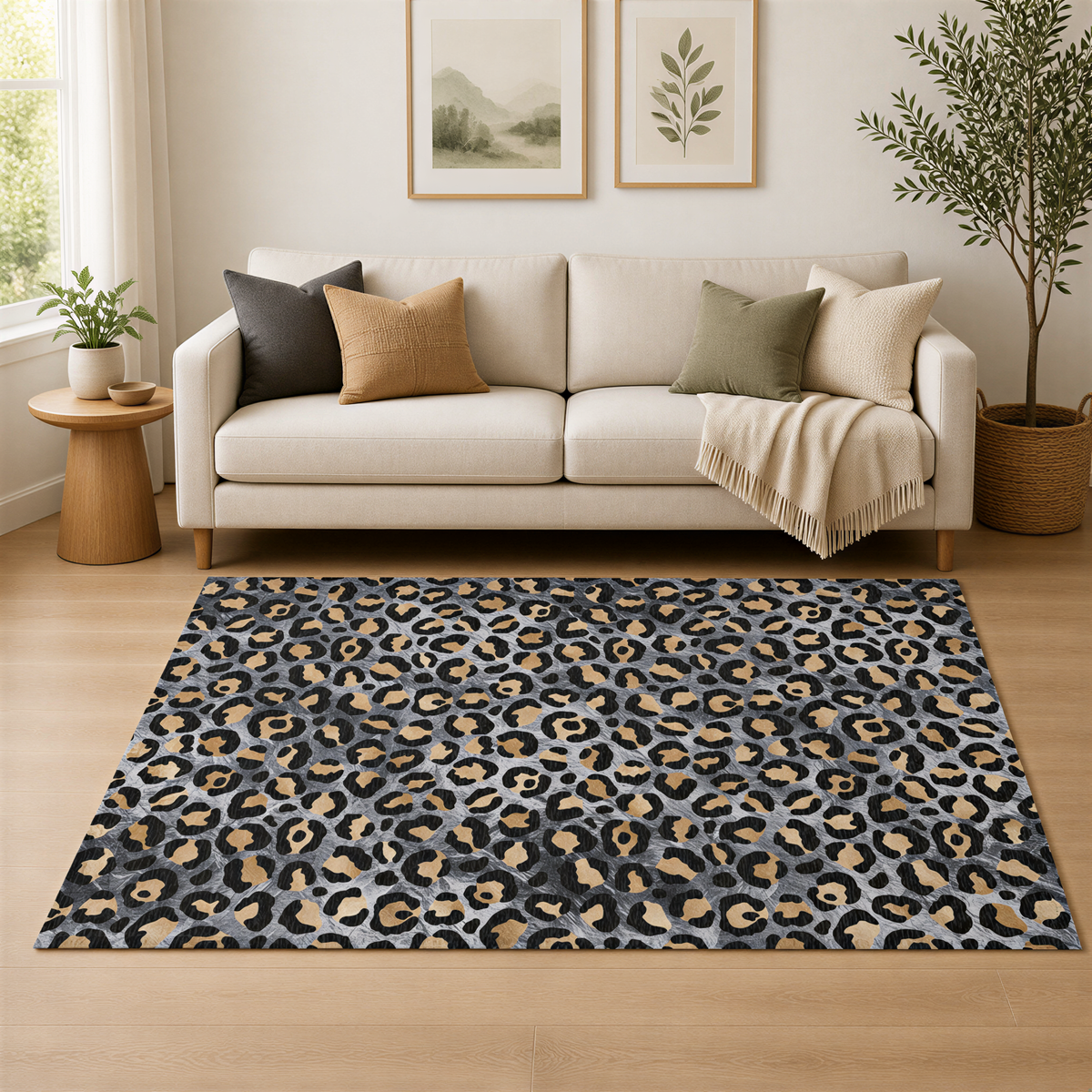 a living room with a white sofa, a leopard print rug, and a potted plant. The room has a neutral color scheme with a touch of nature from the potted plant and the natural elements in the background.