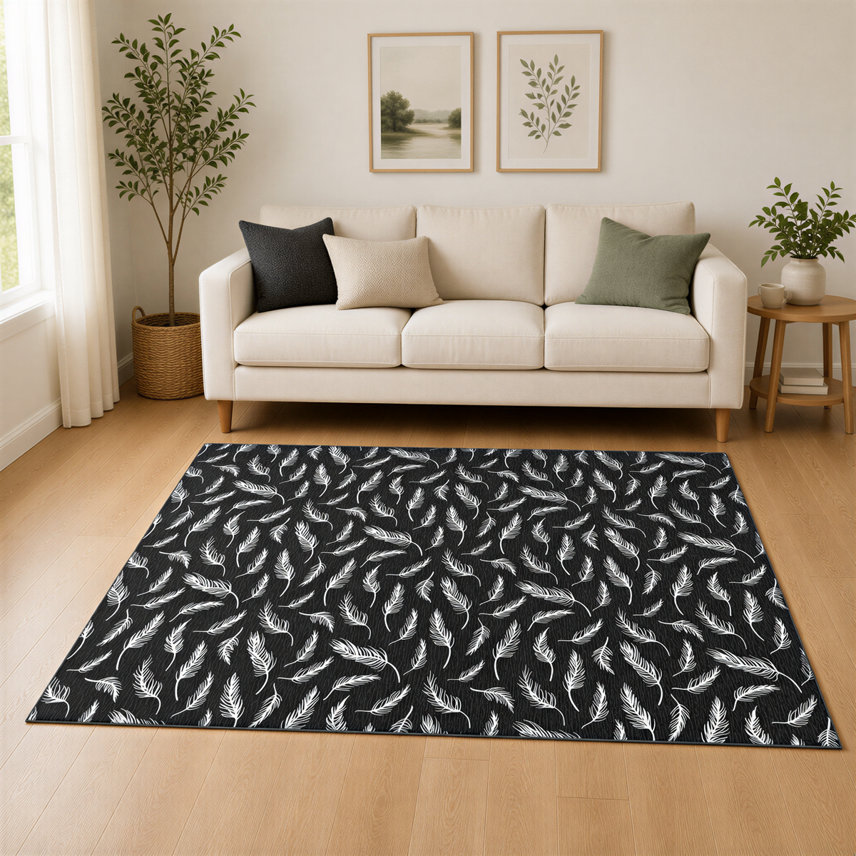 a living room with a white sofa, a black and white patterned area rug, and two framed pictures on the wall.
