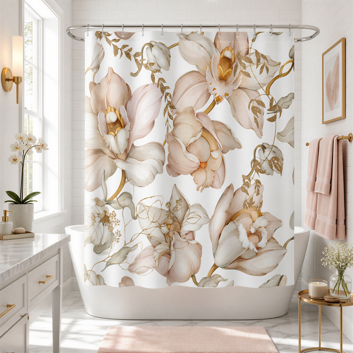 A bathroom with a white bathtub, a shower curtain featuring a floral pattern in shades of pink and white, and a small table with a vase of flowers.