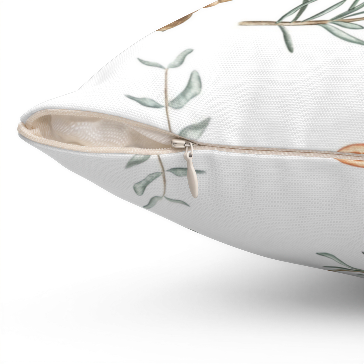 Floral citrus pine needles Christmas pillow cover, close-up of the fabric detail