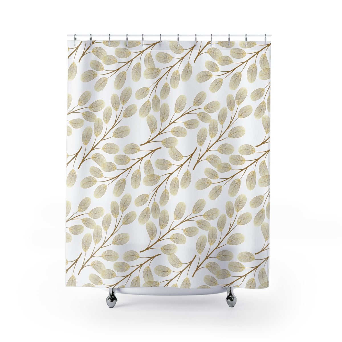 a shower curtain with a repeating pattern of gold leaf branches on a white background.