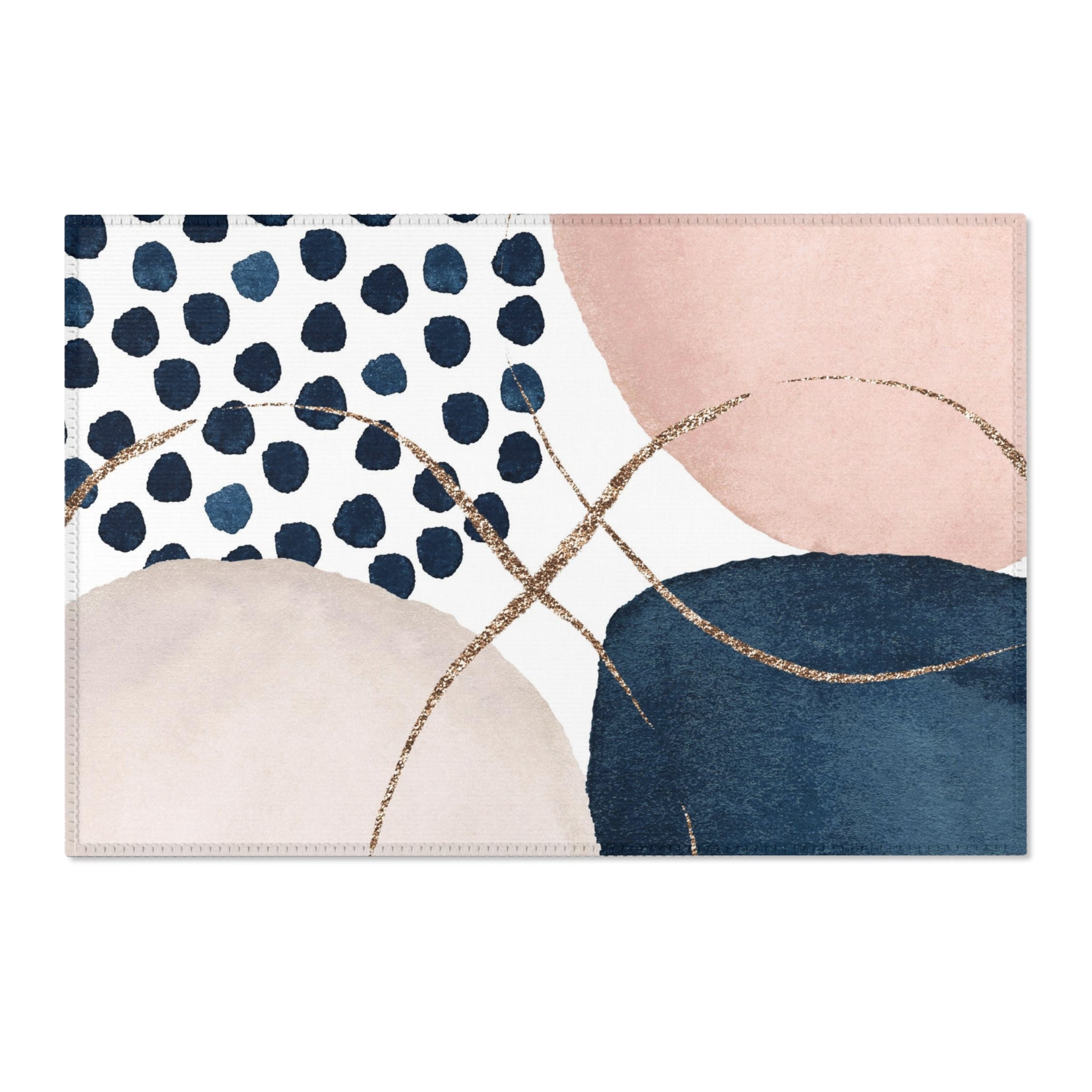 Abstract Blue Pink Rug Abstract Boho Area Rug | Navy Blue, Blush Pink Gold Watercolor