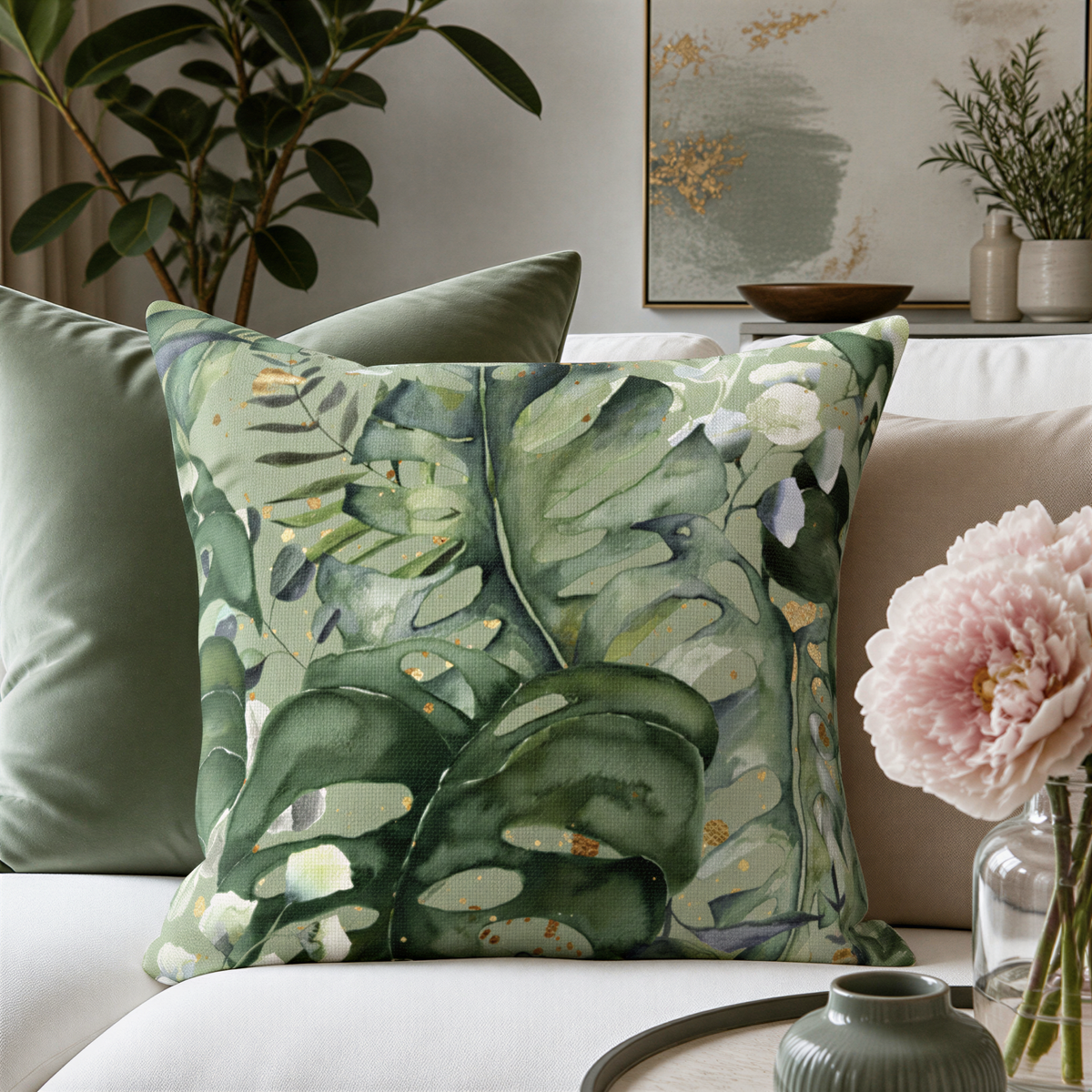 a living room with a large green and white throw pillow on a couch, surrounded by various decorative elements such as potted plants, vases, and a framed picture.