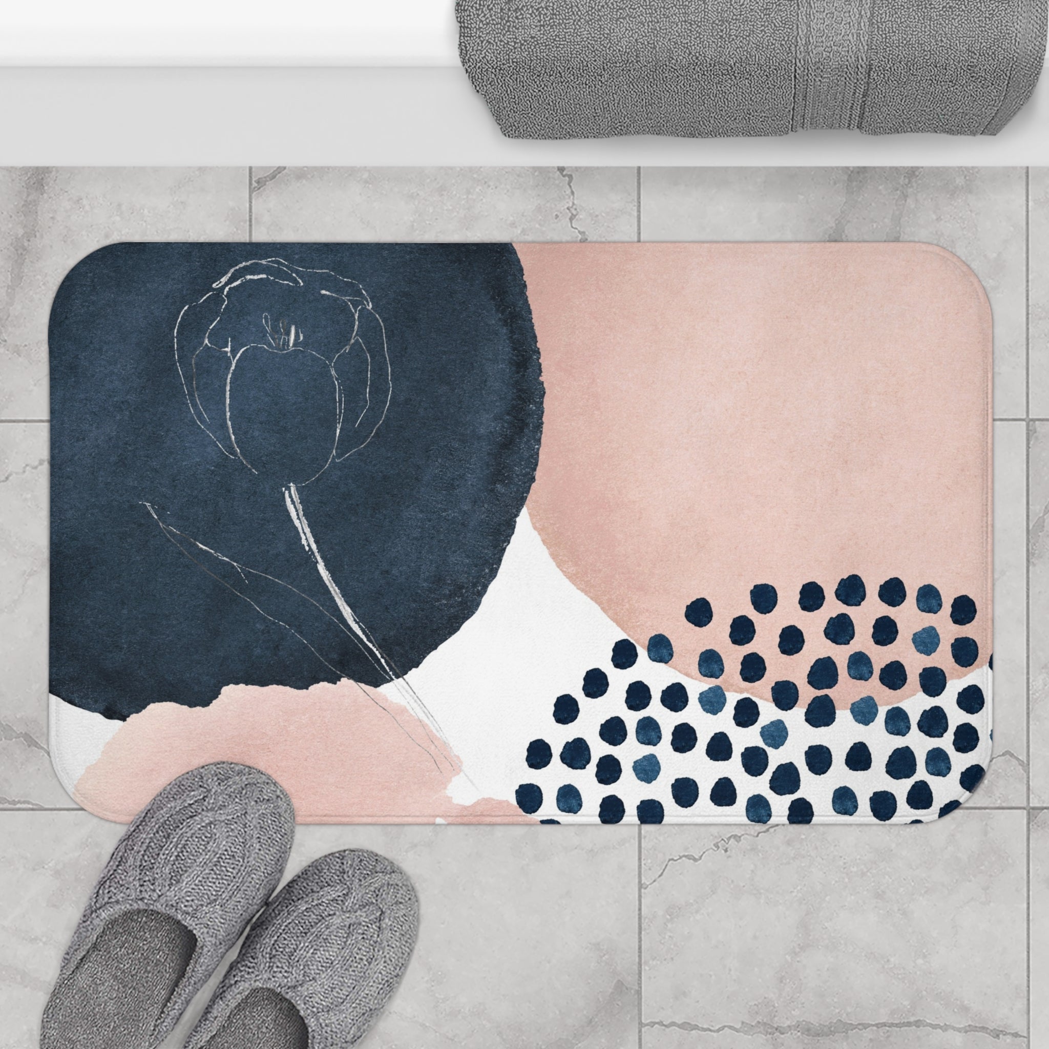 Abstract Floral Bath Mat | Blush, Navy Blue White Watercolor Kitchen Mat