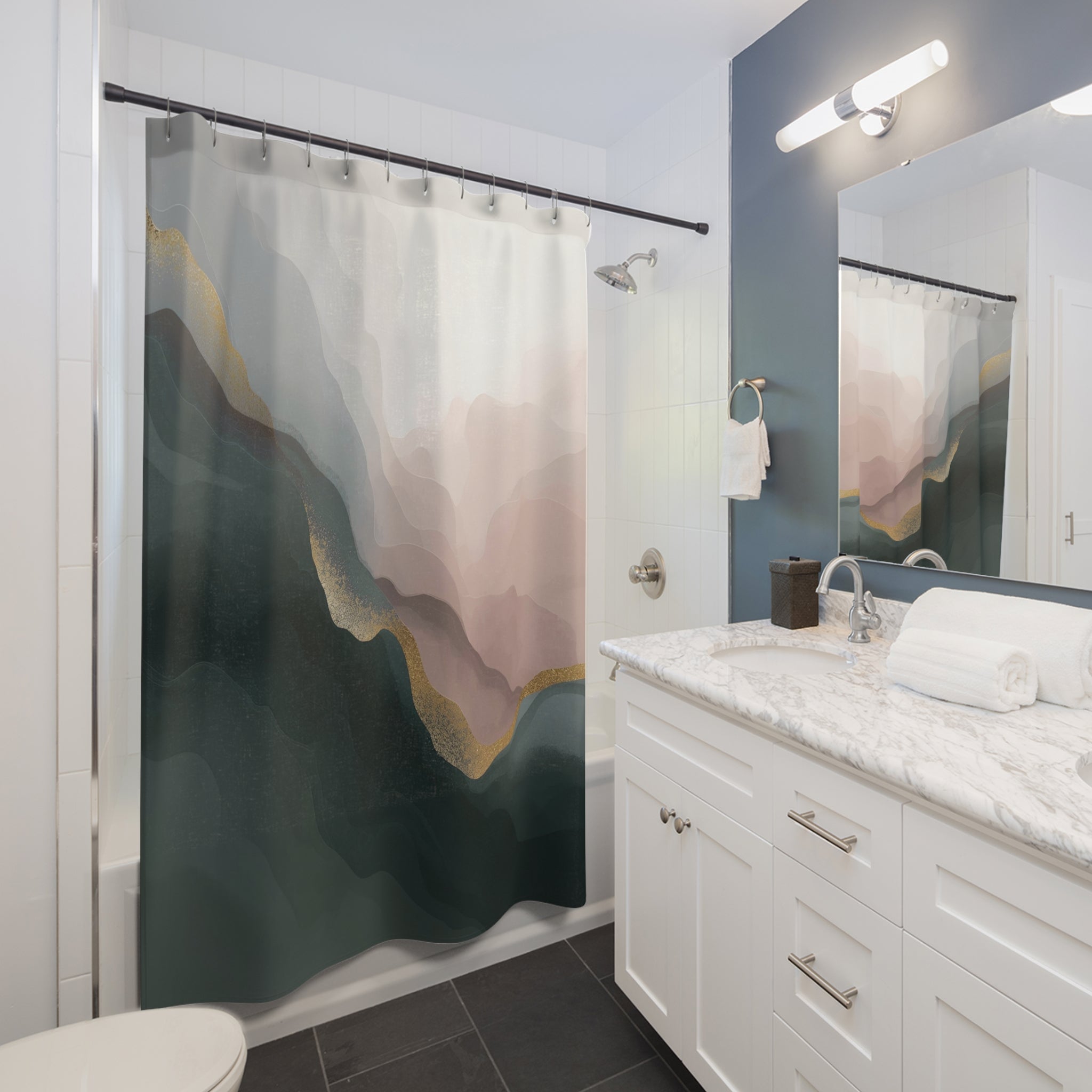 Boho Abstract Shower Curtain | Green Blush Pink Ombre Watercolor