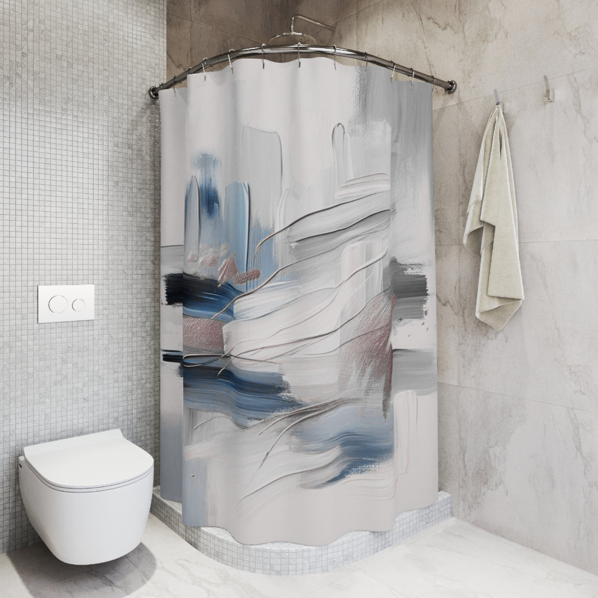 a modern bathroom with a white toilet, a shower curtain featuring an abstract painting, and a towel hanging on the wall.