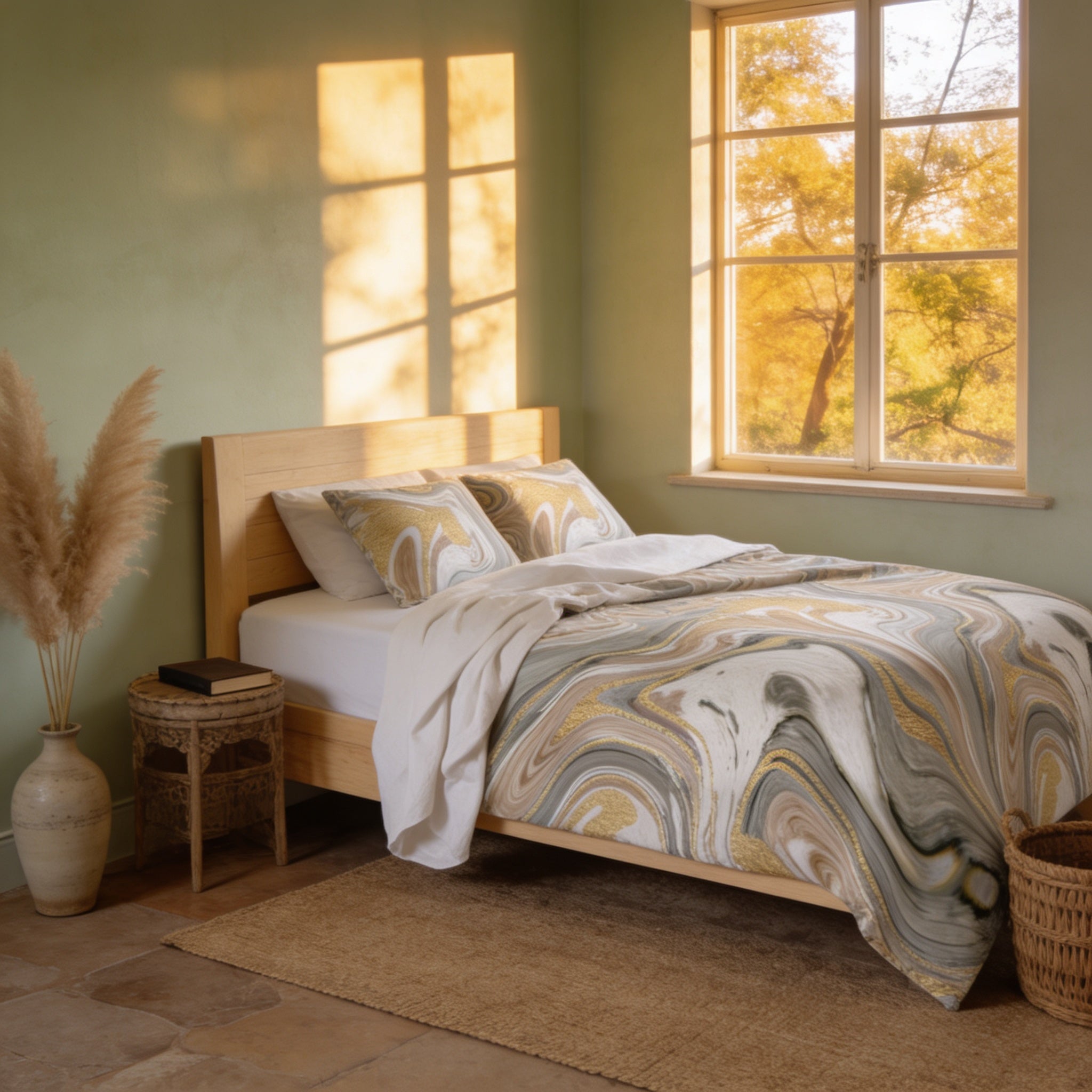 a serene bedroom scene with a bed adorned with a patterned comforter and pillows, a wooden headboard, and a window overlooking a tree. The room has a warm, inviting atmosphere with a rug on the floor and a potted plant on the left side.