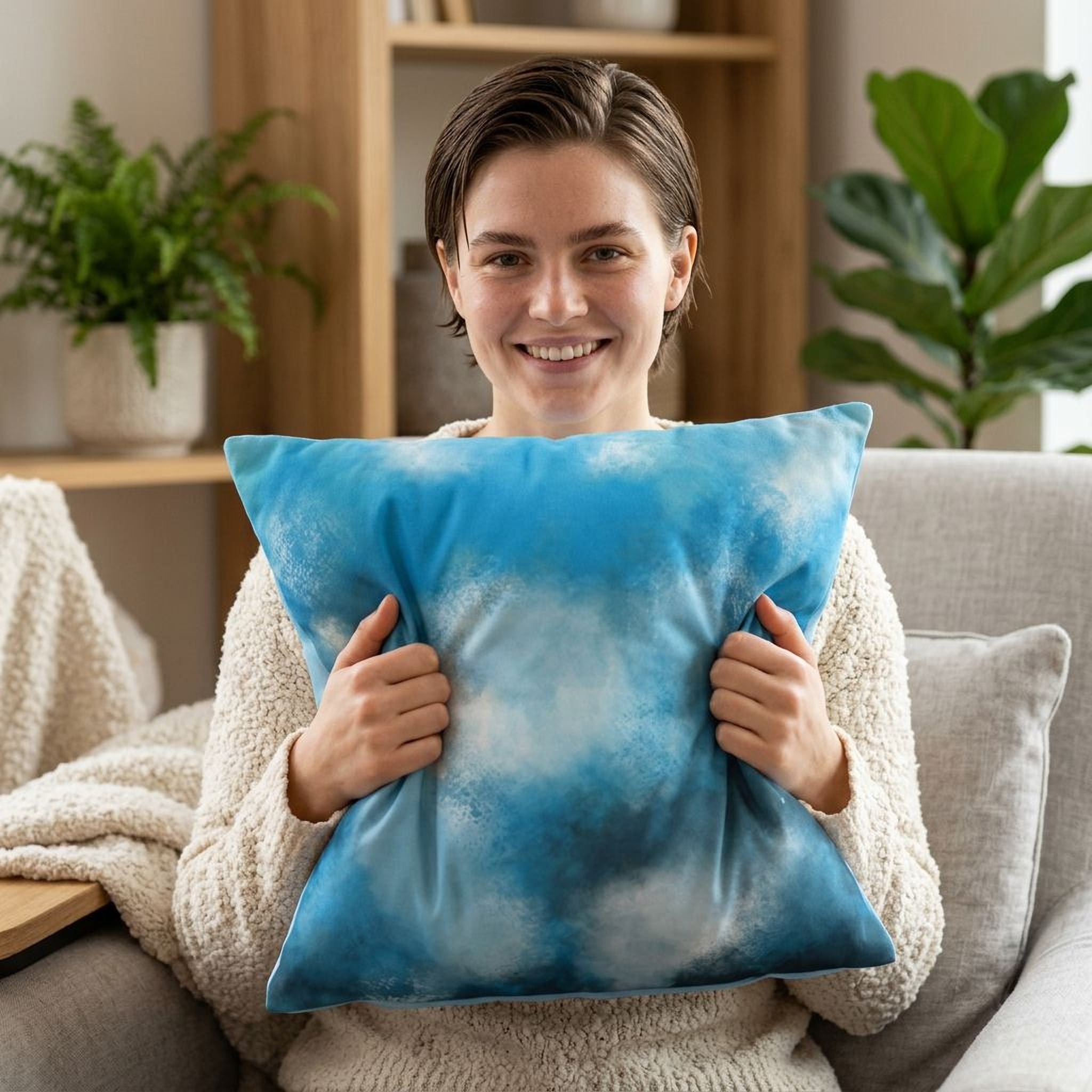 A woman sits on a couch, holding a blue pillow with a cloud design.