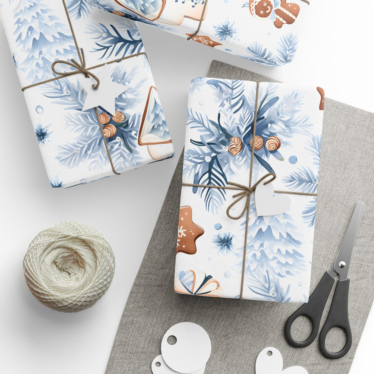 Blue Pine Gingerbread Winter Wrapping Paper, Christmas Gift Wrap