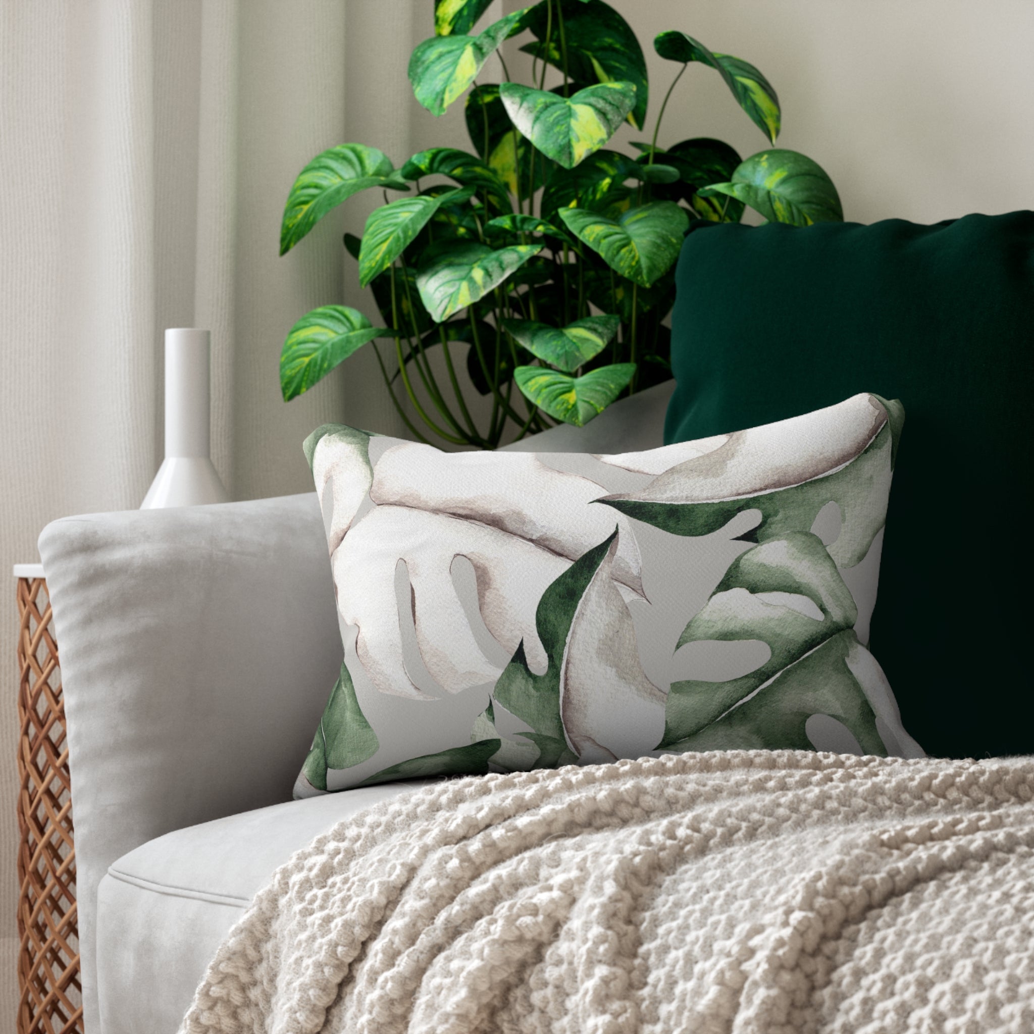 Floral Lumbar Pillow | Grey White Sage Gree Monstera Leaves