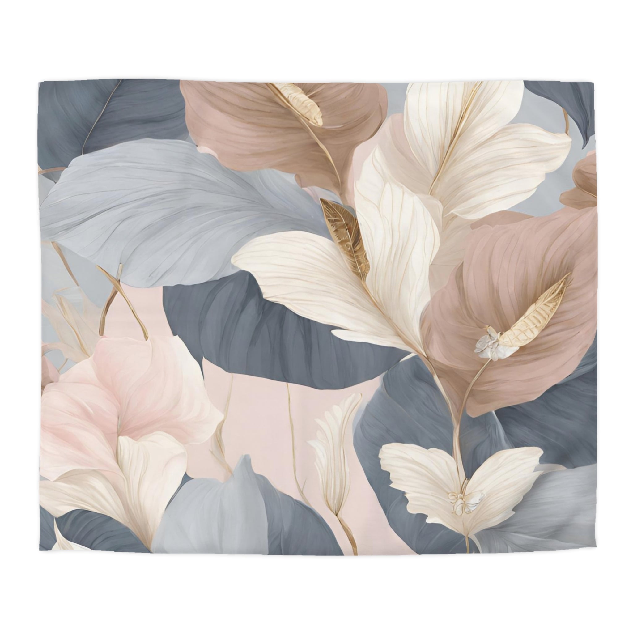 a vibrant and colorful abstract floral pattern with various shades of pink, white, and blue leaves and flowers.