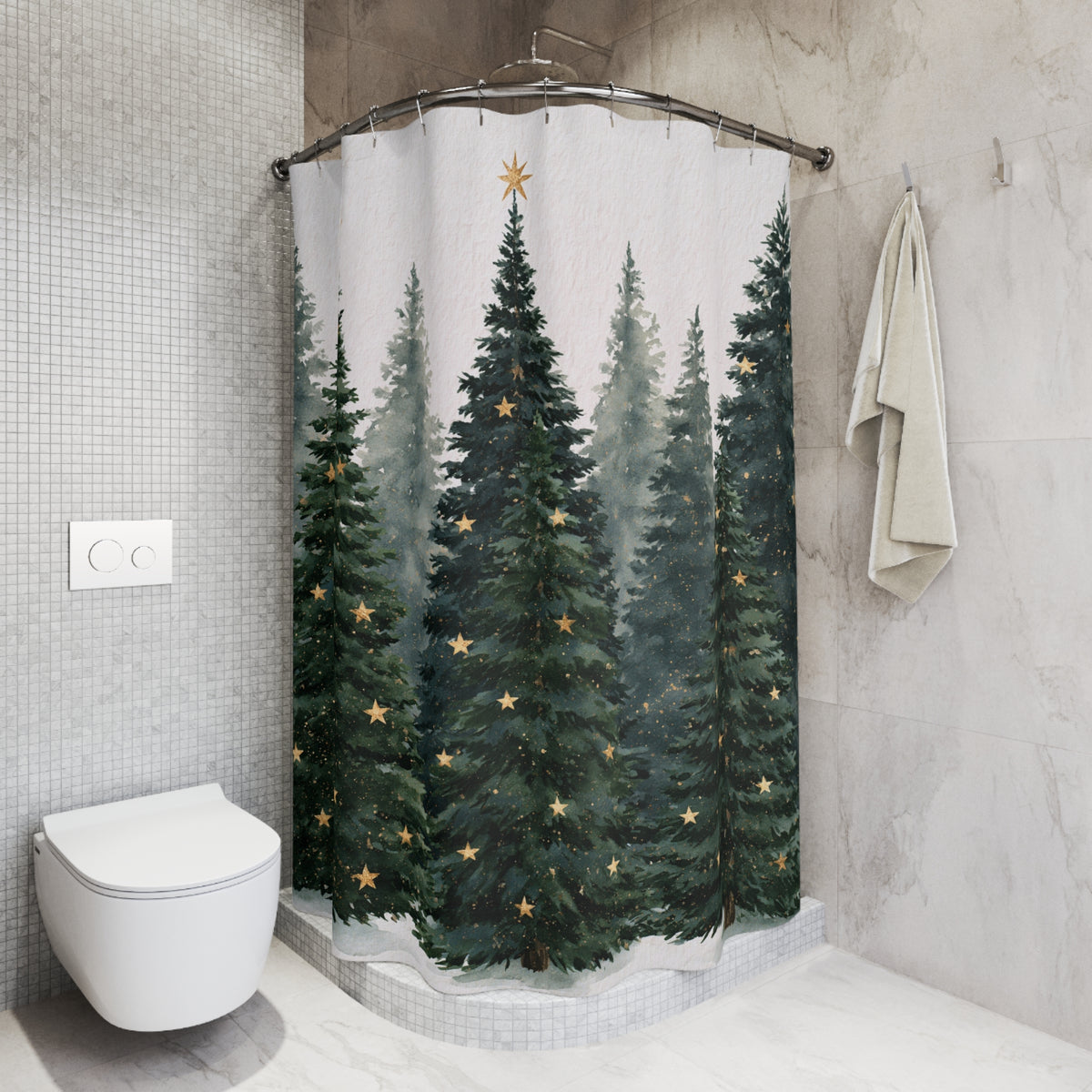 Starry Evergreen Christmas Tree Shower Curtain, Bath Curtain 71x74