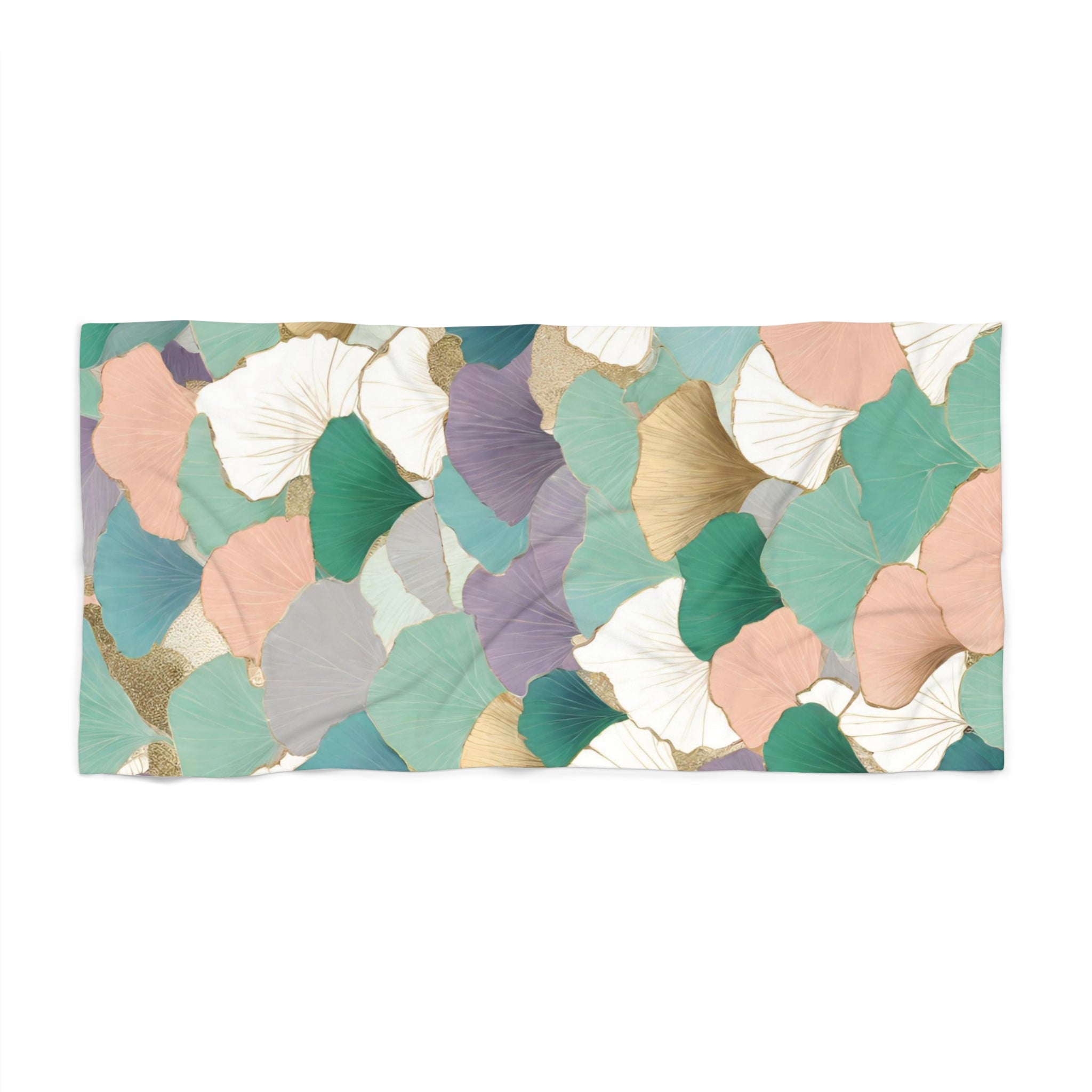 Floral Boho Bath Beach Towel | Teal Green Pink Gingko Leaves