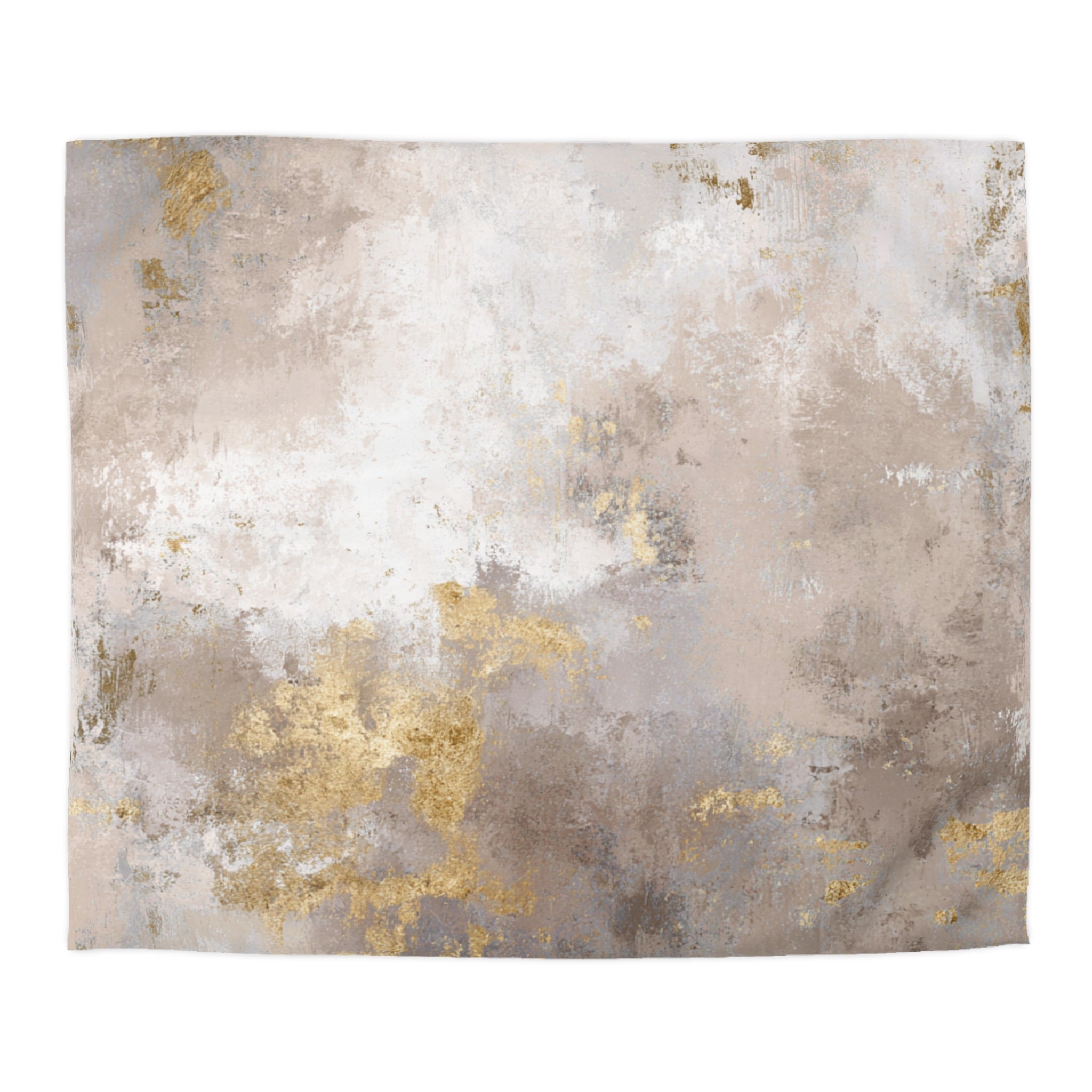 The image is a large abstract painting with a textured, textured background in shades of gray and beige, with gold glitter accents.