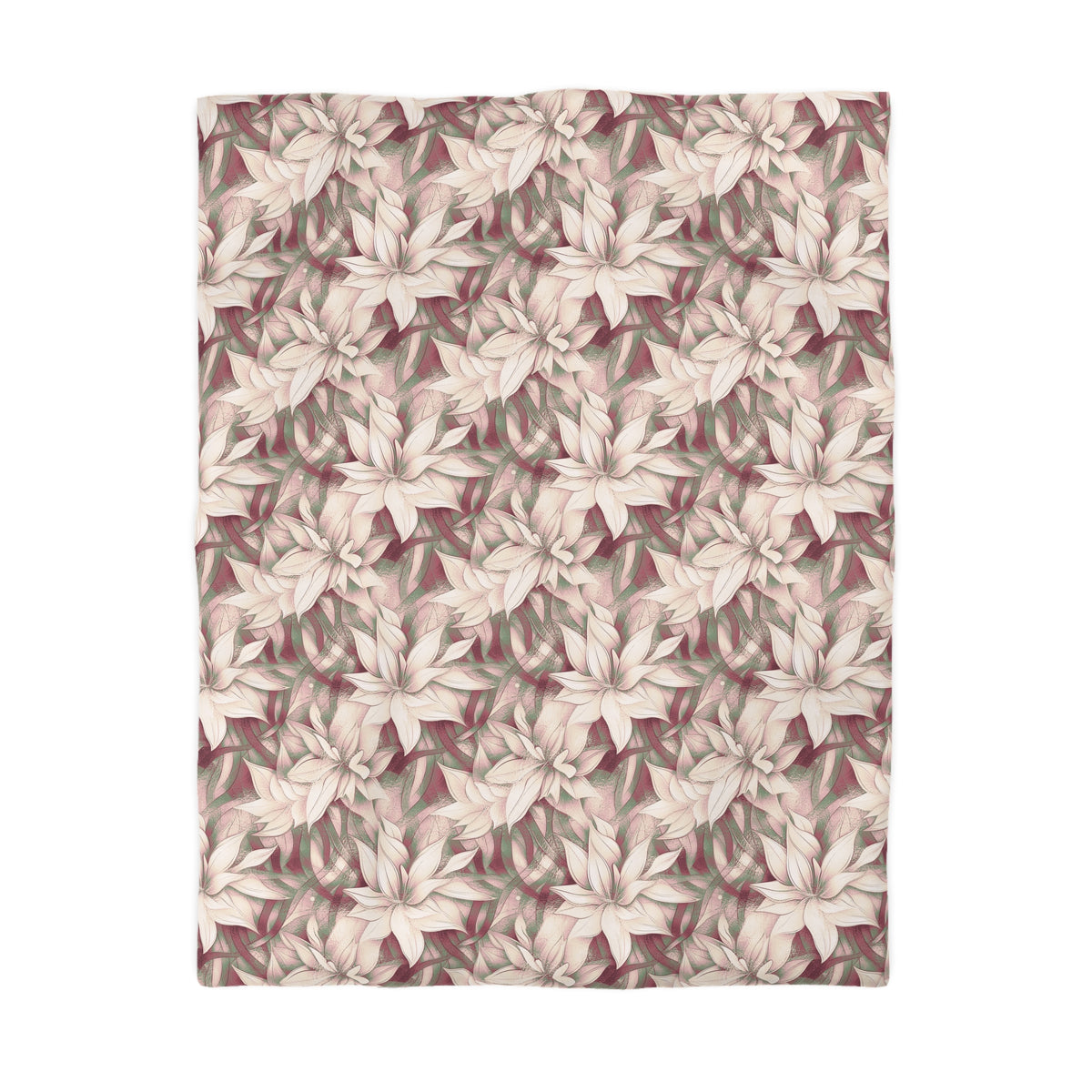 a repeating pattern of white flowers with green leaves on a white background.