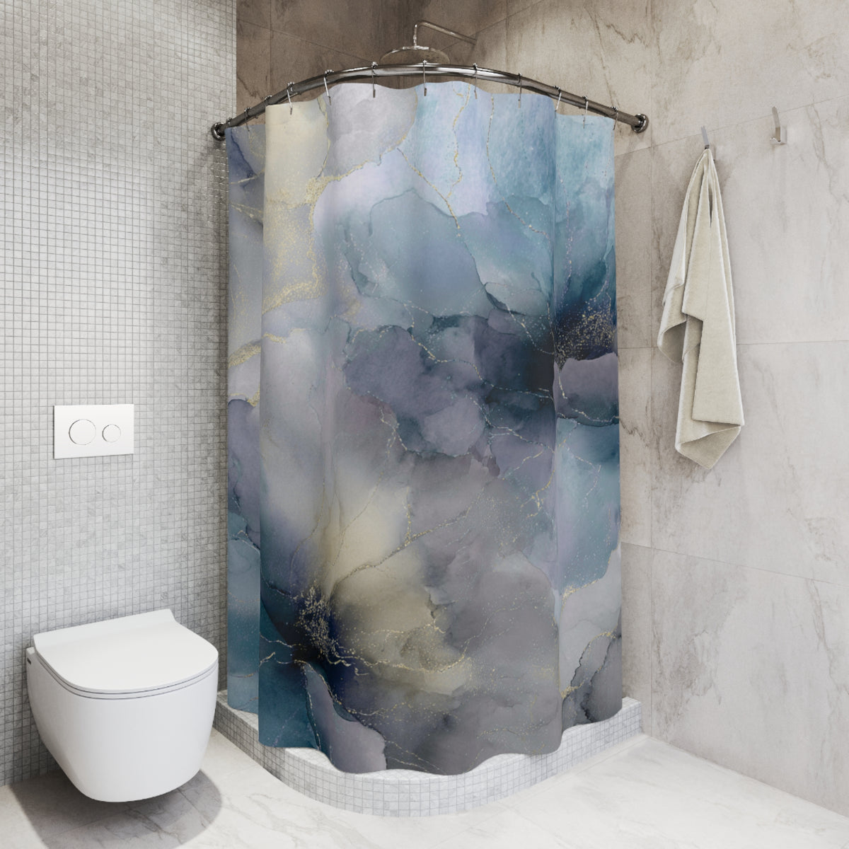 a bathroom with a shower curtain featuring a marble-like pattern in shades of blue and gray. The shower curtain is hanging from a rod next to a towel. The bathroom also includes a toilet and a tiled wall.