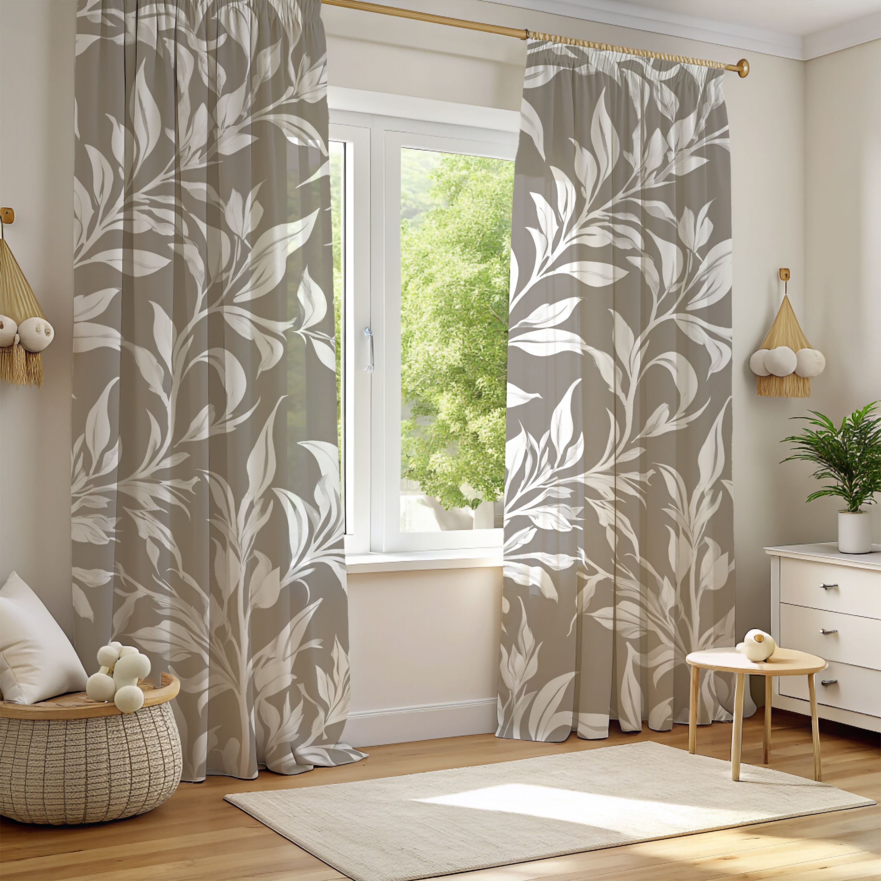 a living room with a large window and a white rug