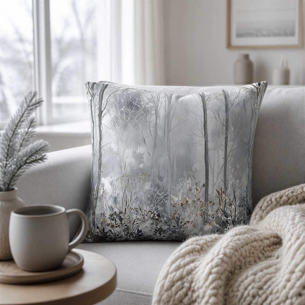 a cozy living room with a gray and white patterned throw pillow on a couch, a coffee mug on a wooden side table, and a knitted blanket on the couch.
