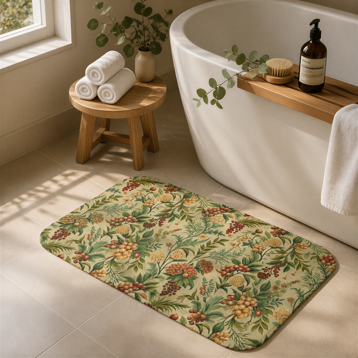 a bathroom with a white bathtub, a wooden stool, and a colorful bath mat with a floral pattern. There are also some bottles and a vase on the wooden shelf above the bathtub.