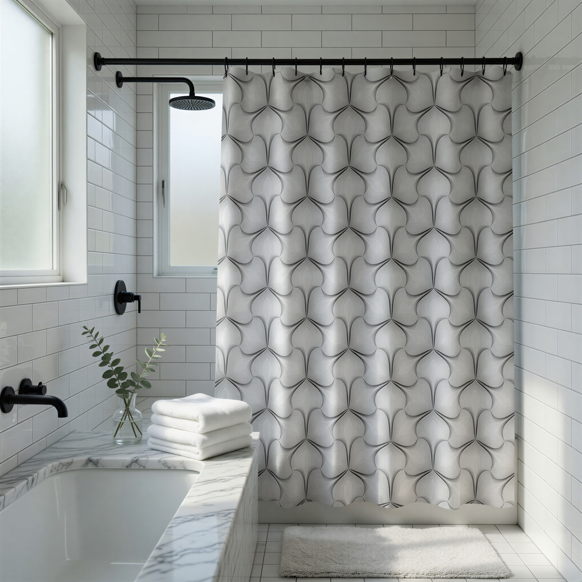 a modern bathroom with a white and black patterned shower curtain, a marble countertop, and a window.