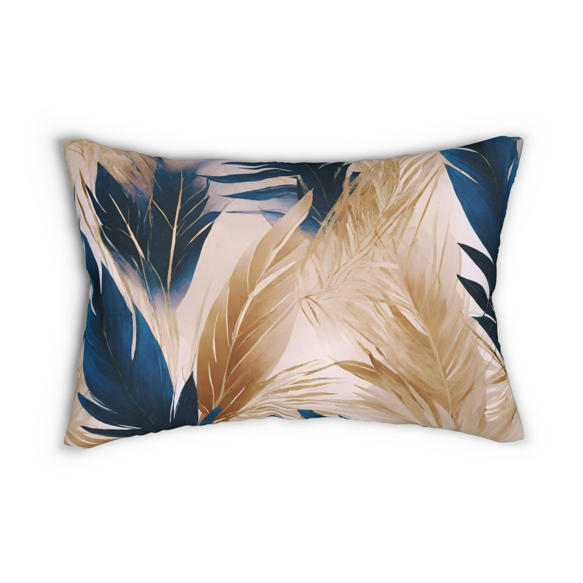 Navy Blue and Beige Palm Leaf Lumbar Pillow