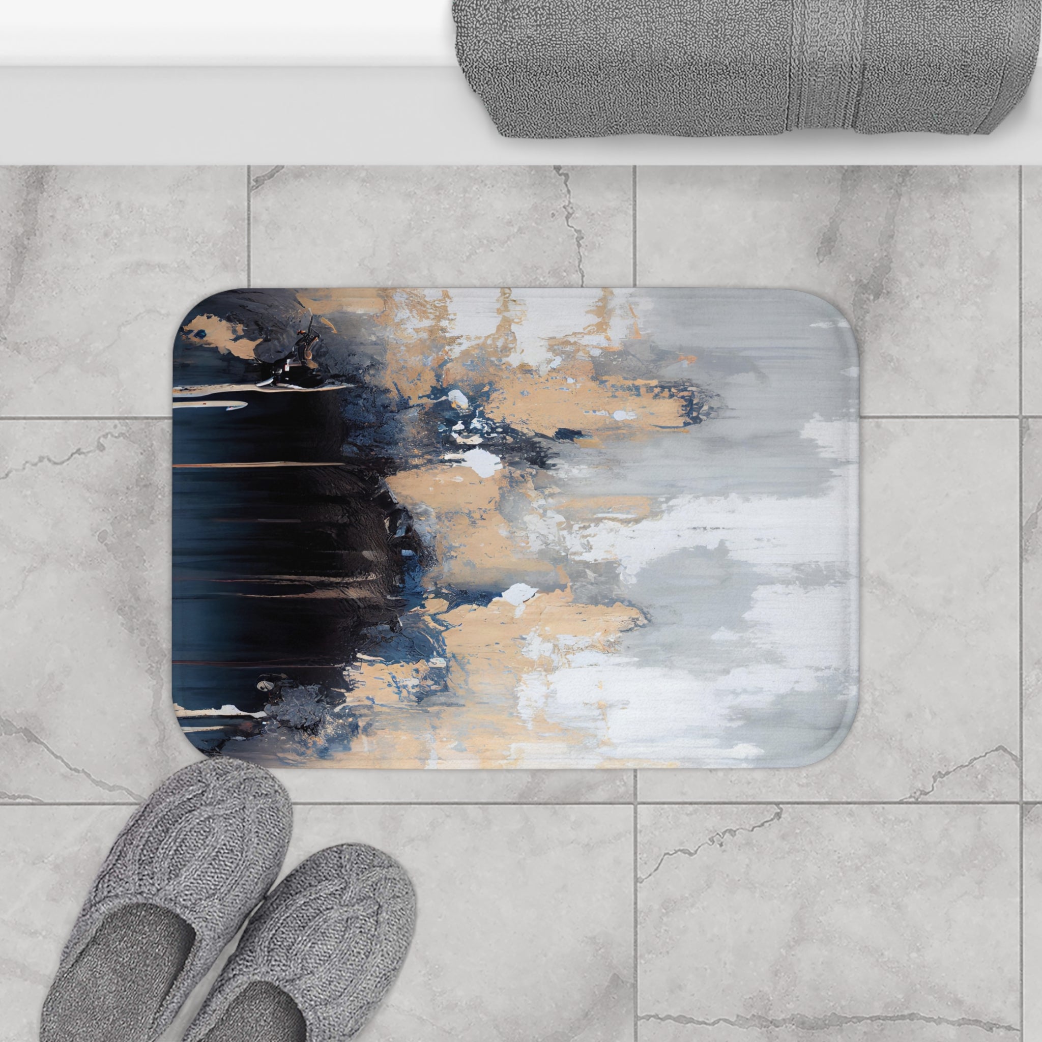 Boho Kitchen, Bath Mat | Abstract Black Navy Blue, Beige Grey