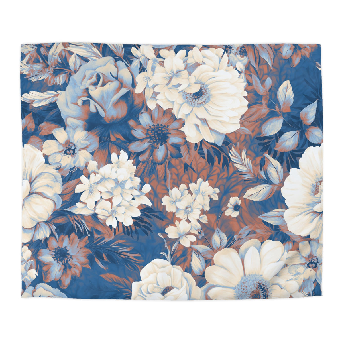 Cobalt Blue Vintage Floral Duvet Cover | Rust Cream Peony Rose Bedding