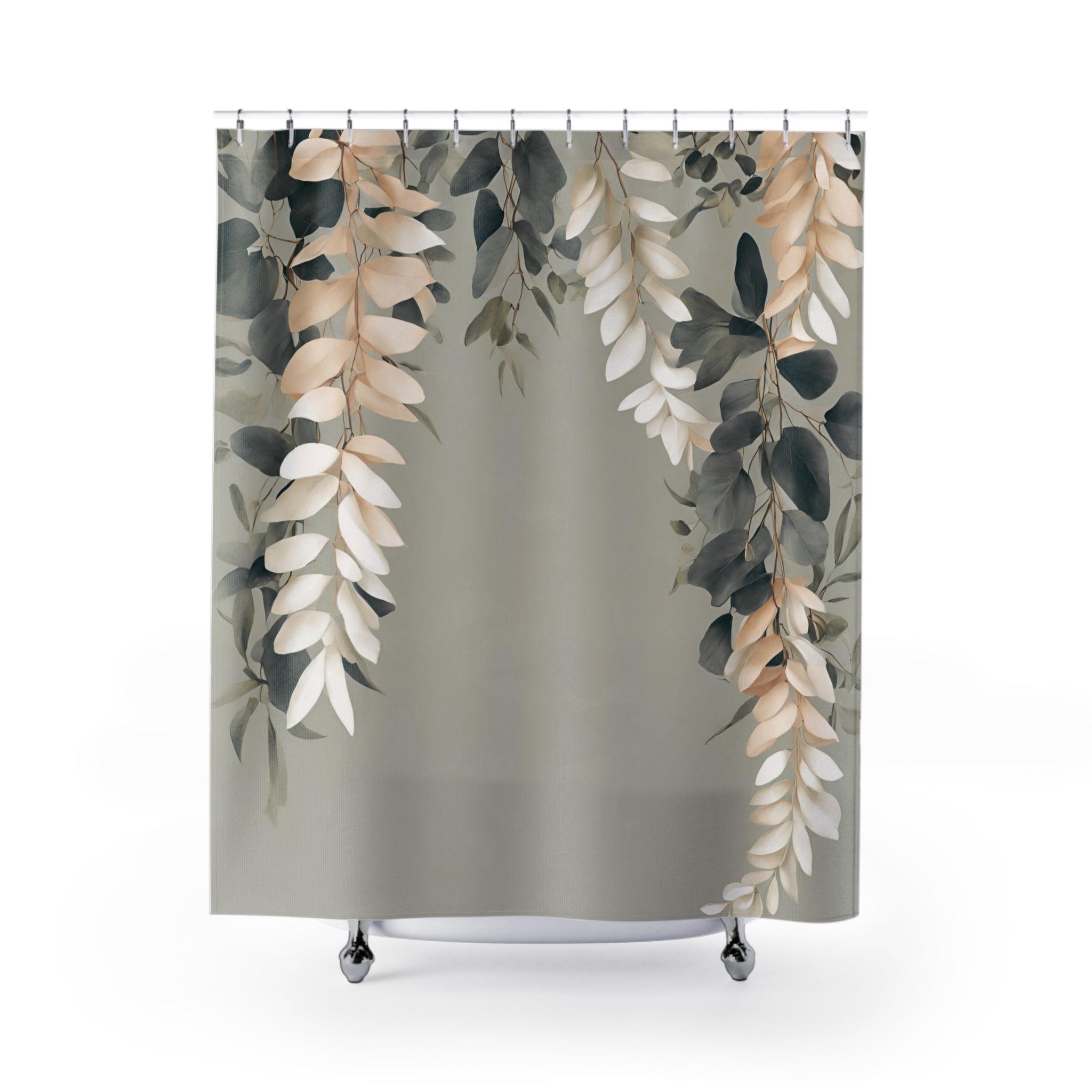 Boho Shower Curtain | Floral, Hanging Vines, Taupe Beige Pink White