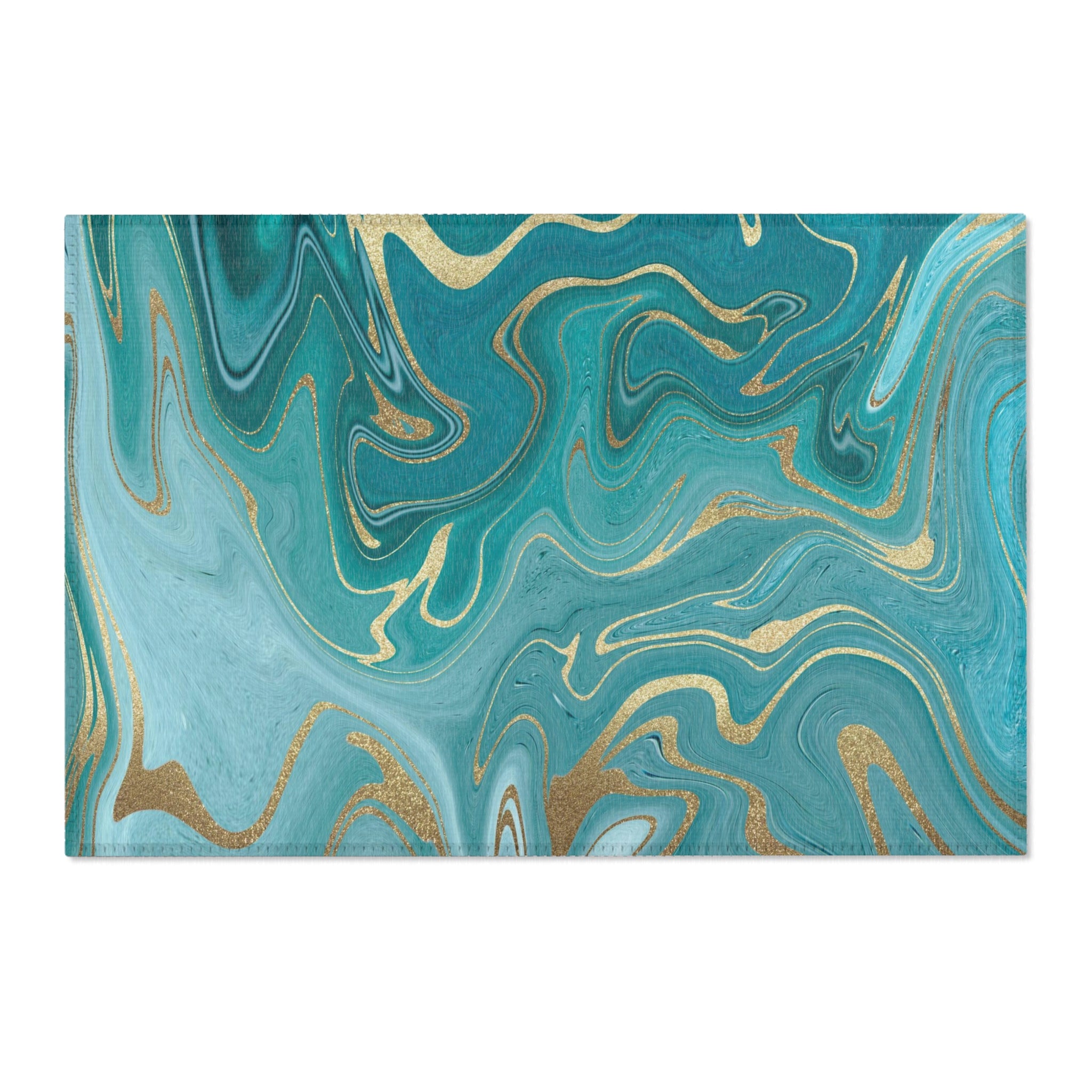 Abstract Large Area Rug | Teal Green Blue, Gold Beige Liquid Ink