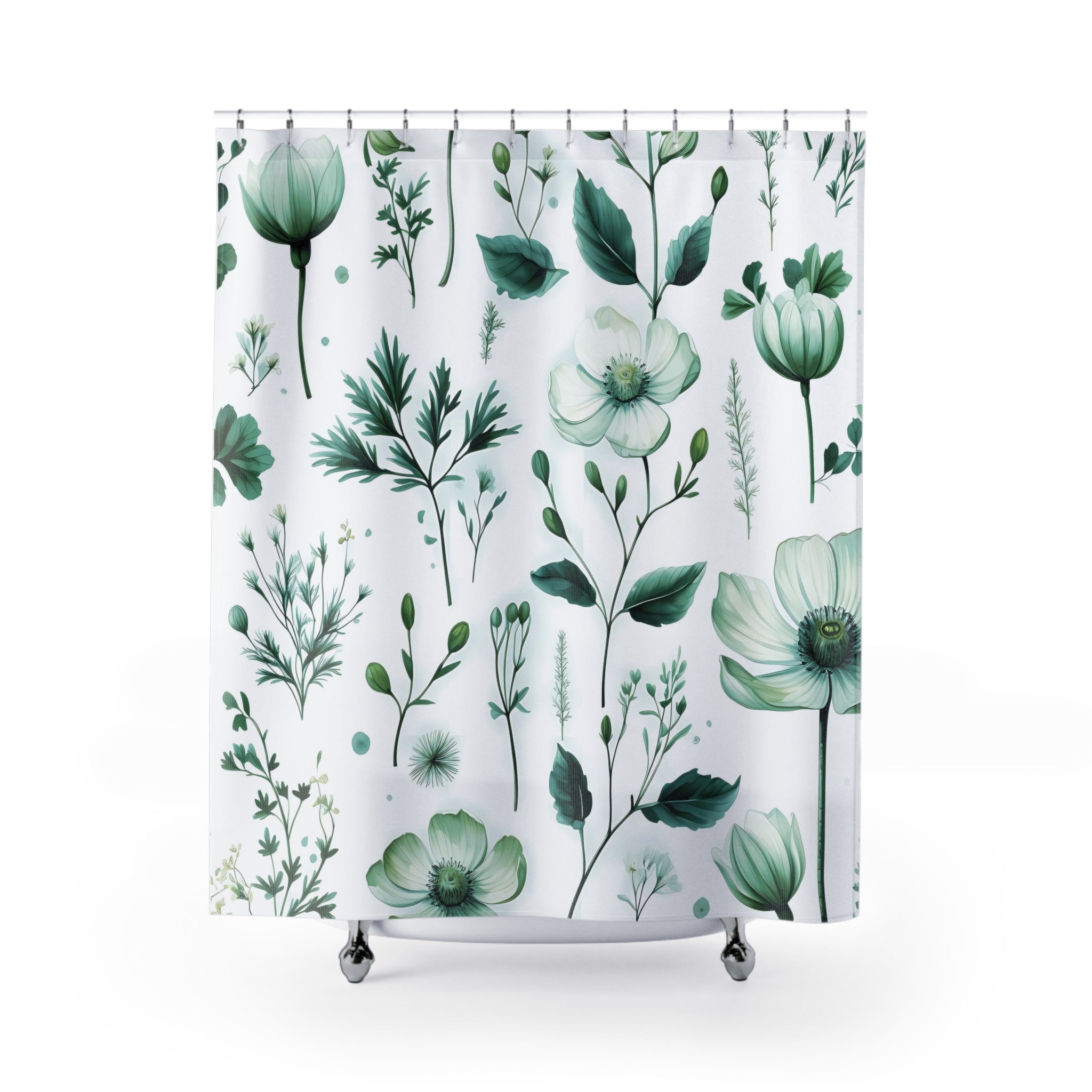 a white shower curtain with green flowers on it