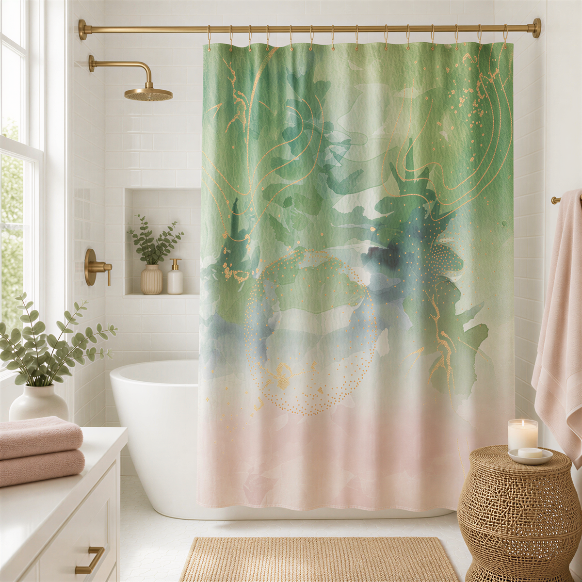 a bathroom with a shower curtain featuring a colorful, abstract design in shades of green and blue. The bathroom is well-decorated with various items such as a potted plant, a vase, and a candle.