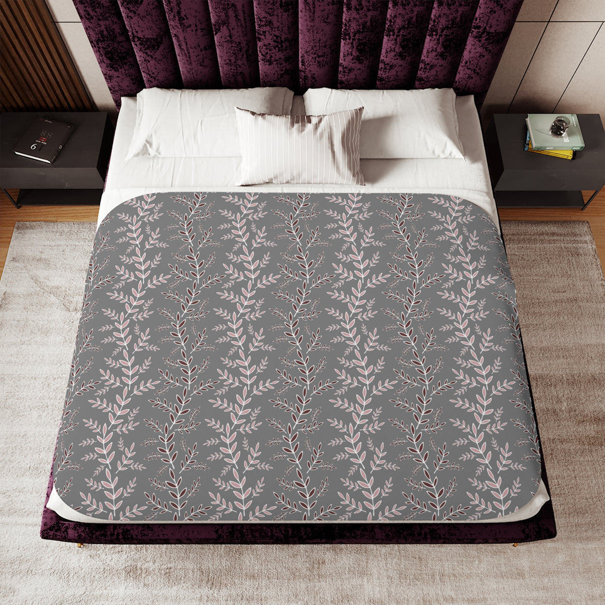 Blush Burgundy Leaf Sprig Sherpa Blanket | Gray Botanical Throw