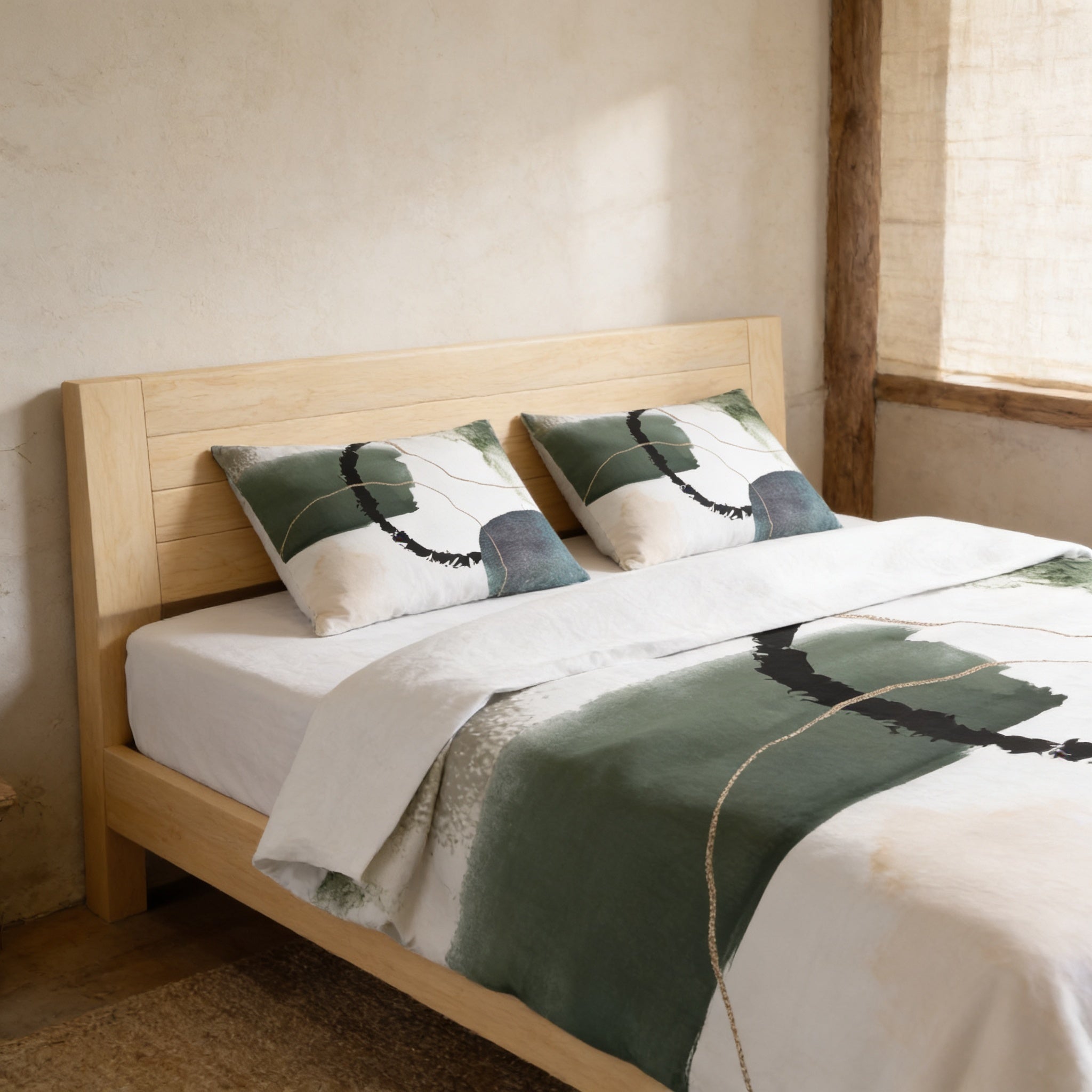 a neatly made bed with a wooden headboard and two patterned pillows. The bed is set against a simple beige wall, and there is a window nearby.