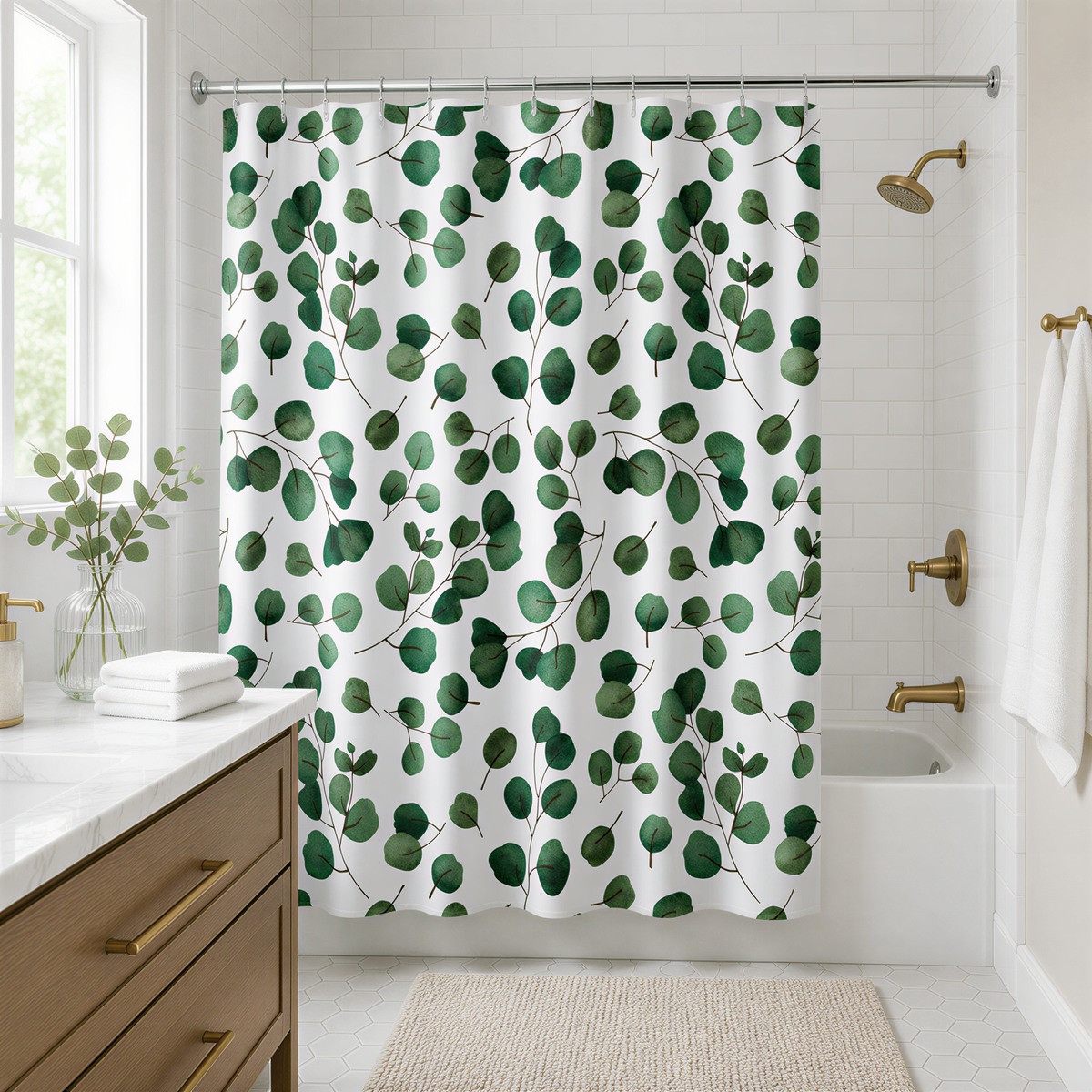 a bathroom with a shower curtain adorned with a leafy green pattern. The shower curtain is hanging from a rod, and the bathroom has a white tiled floor and a wooden vanity.