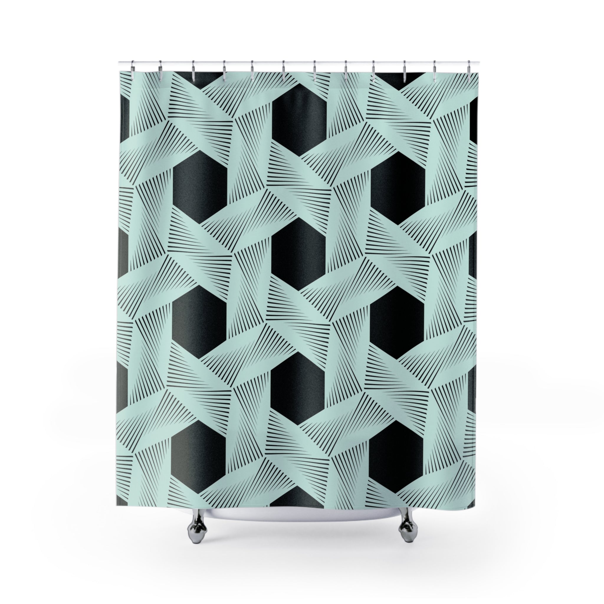 a black and mint green shower curtain 