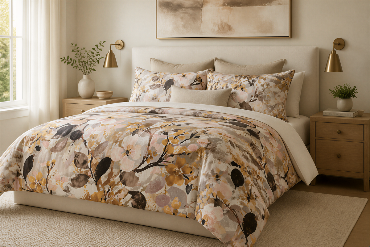 a bedroom with a large bed covered in a floral print comforter and pillows. The bed is flanked by two nightstands, each with a lamp and a plant. The room has a neutral color scheme with beige walls and a white carpet.