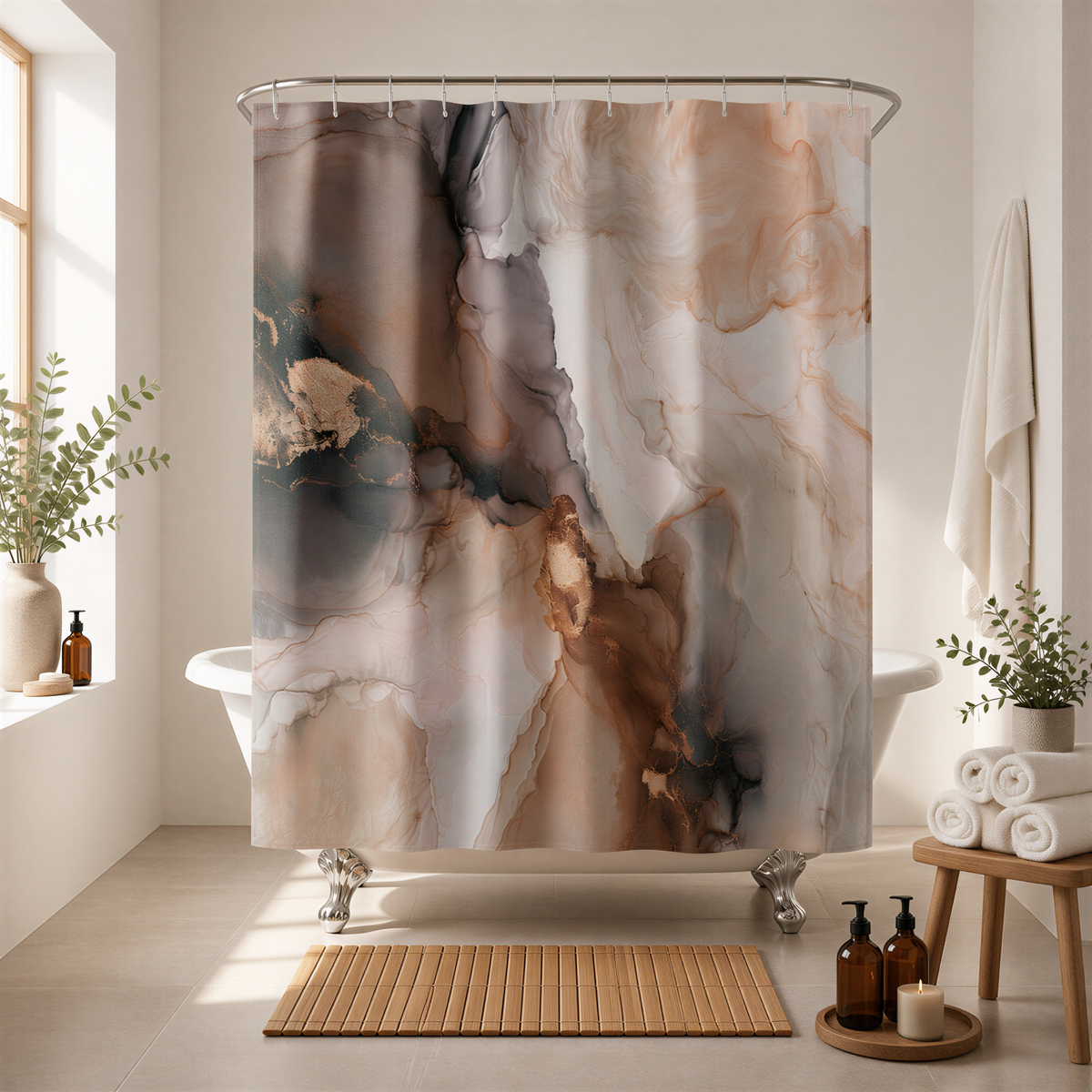 a bathroom with a large abstract shower curtain with a marble-like pattern in shades of brown and beige. The shower curtain is hanging from a rod above a white bathtub. The bathroom also includes a wooden stool, a potted plant, and some candles, creating a cozy and relaxing atmosphere.