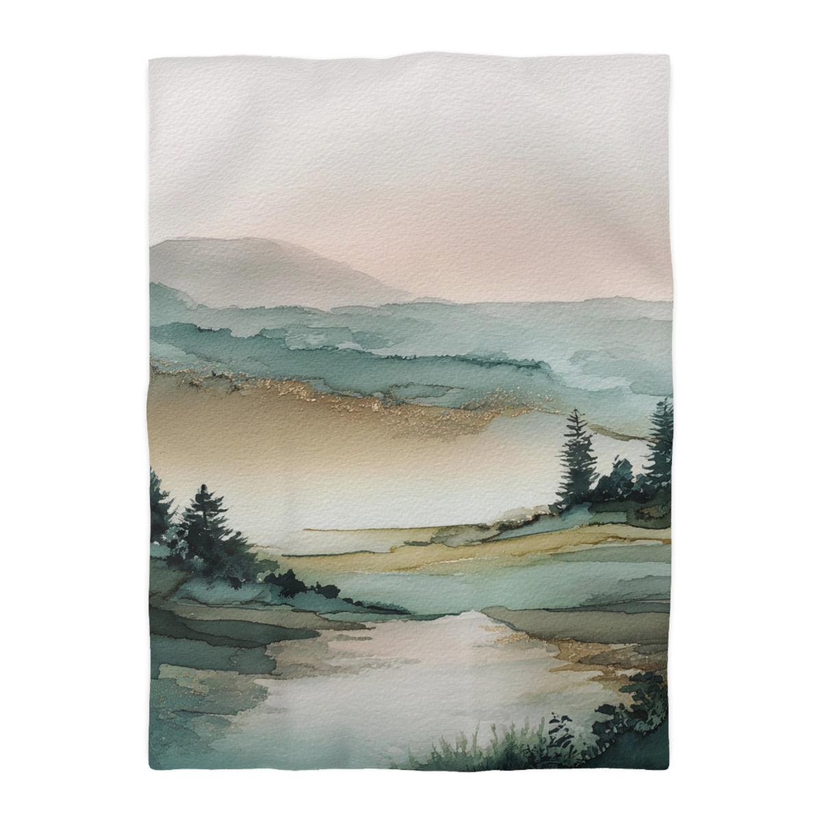 a serene landscape with a river, mountains, and trees.