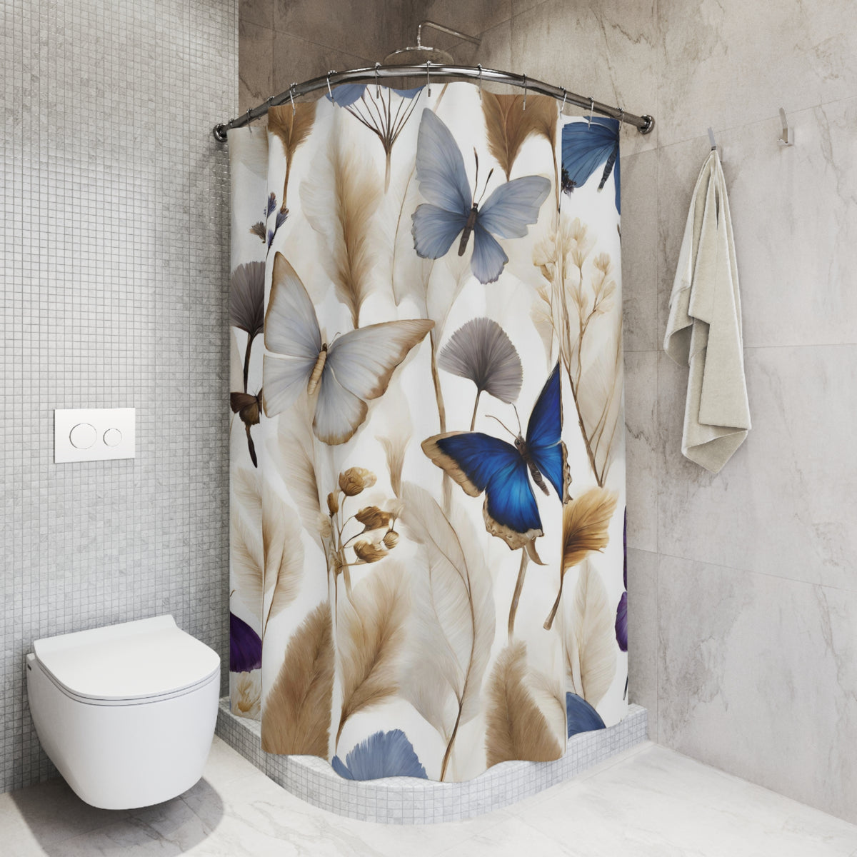 a bathroom with a shower curtain adorned with a butterfly and leaf pattern in shades of blue, brown, and white. The shower curtain is hanging on a rod next to a towel. The bathroom also includes a toilet and a sink.