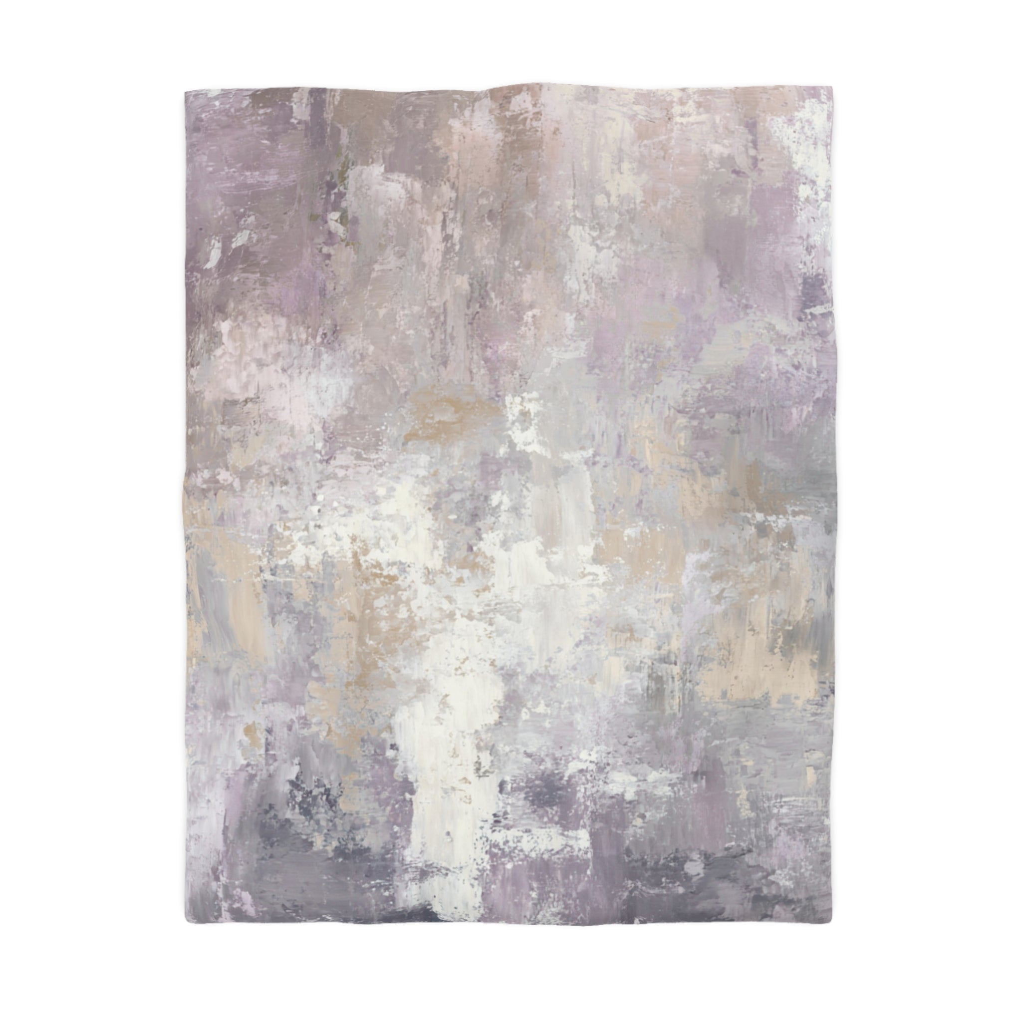 The image is an abstract painting with a textured, layered appearance in shades of purple and gray.