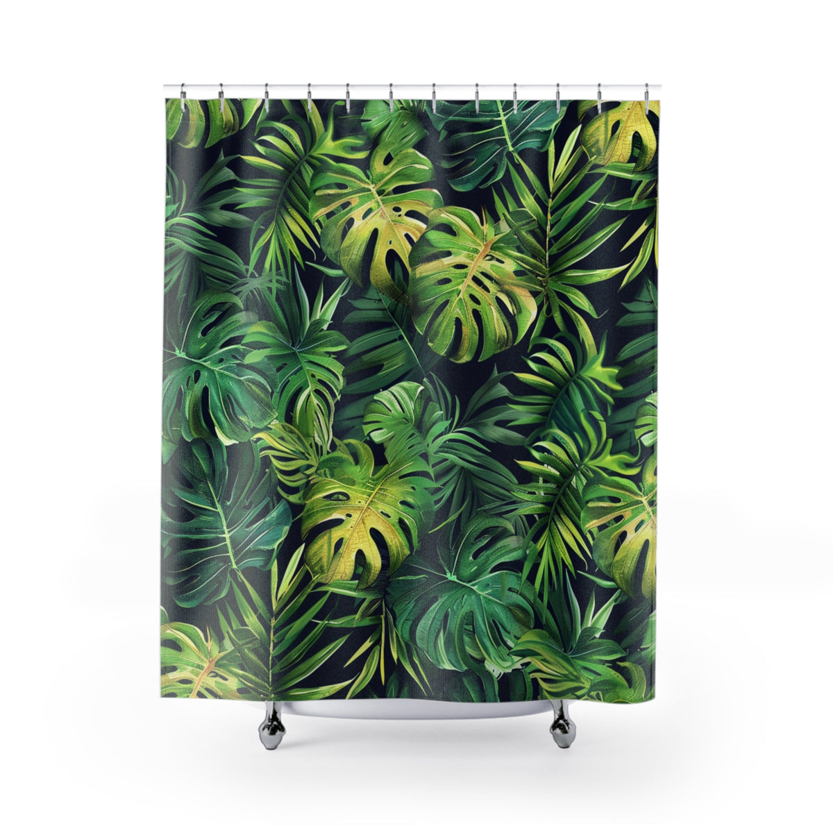a shower curtain with a vibrant, tropical plant print in shades of green and yellow.