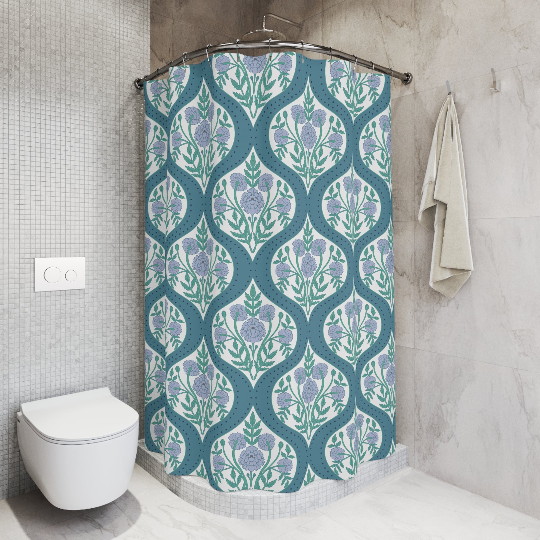 Boho Shower Curtain | Vintage Floral Blue Green Pattern