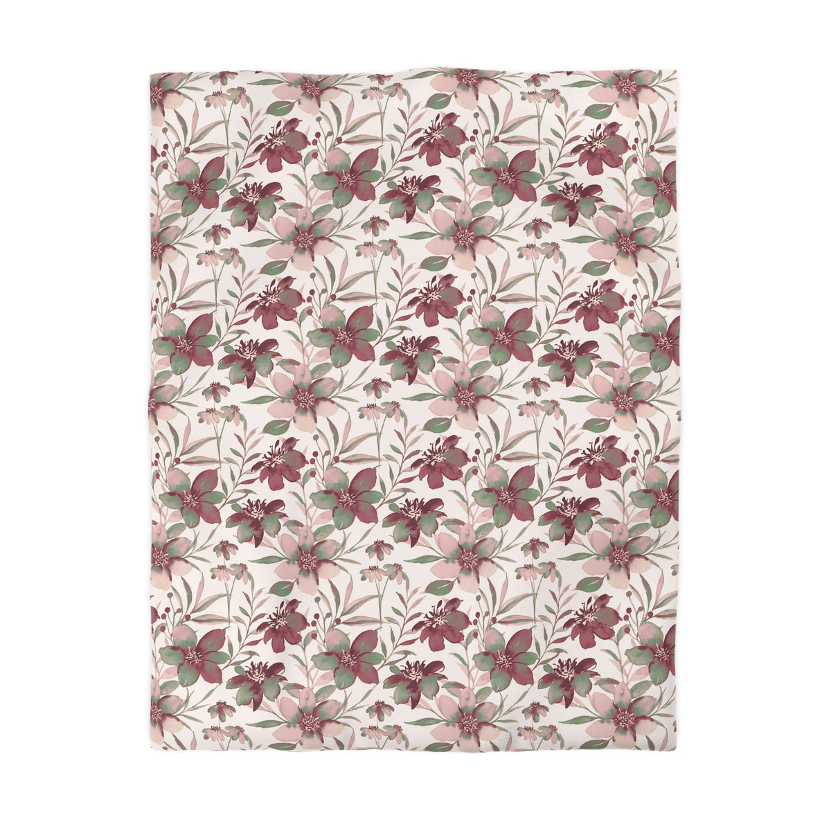 a repeating floral pattern with various shades of pink and green flowers and leaves.