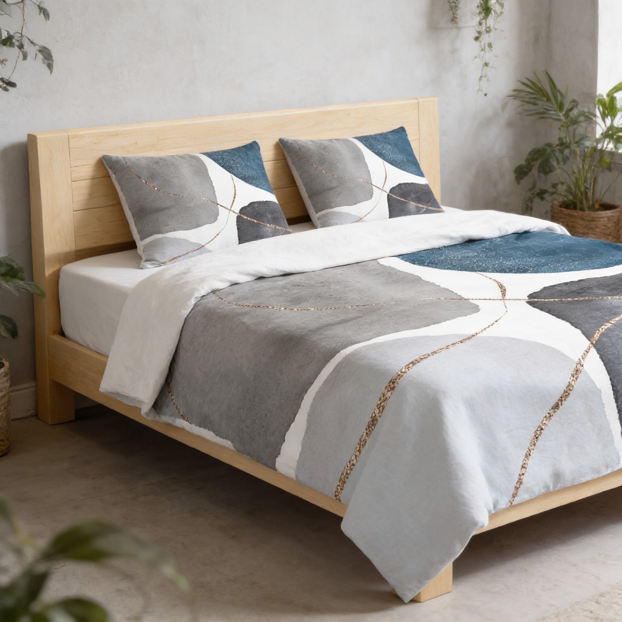 a modern bedroom with a wooden bed frame and a gray and white patterned comforter. The bed is surrounded by various plants, creating a serene and natural atmosphere.