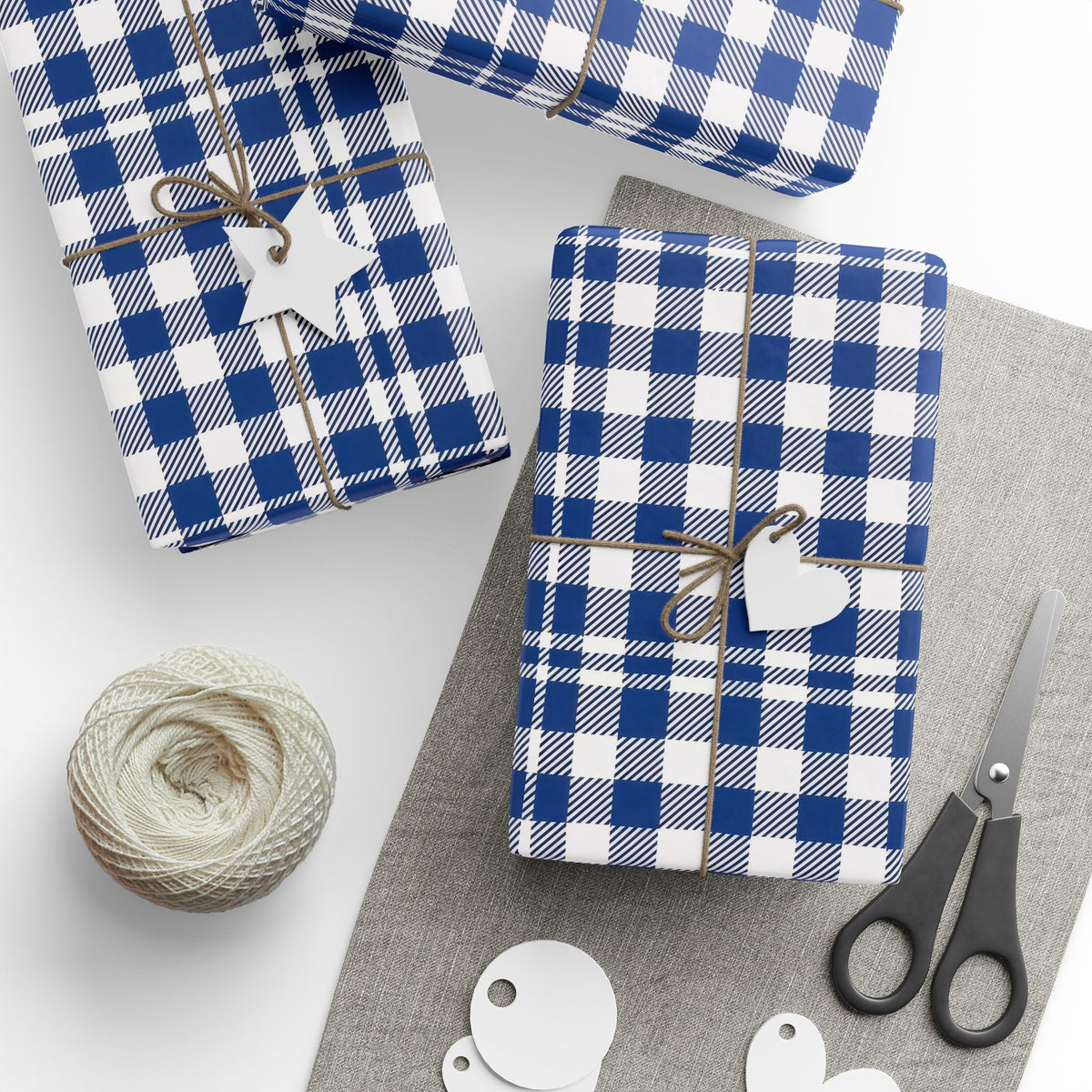 Navy Blue White Gingham Check Wrapping Paper, Gift Wrap