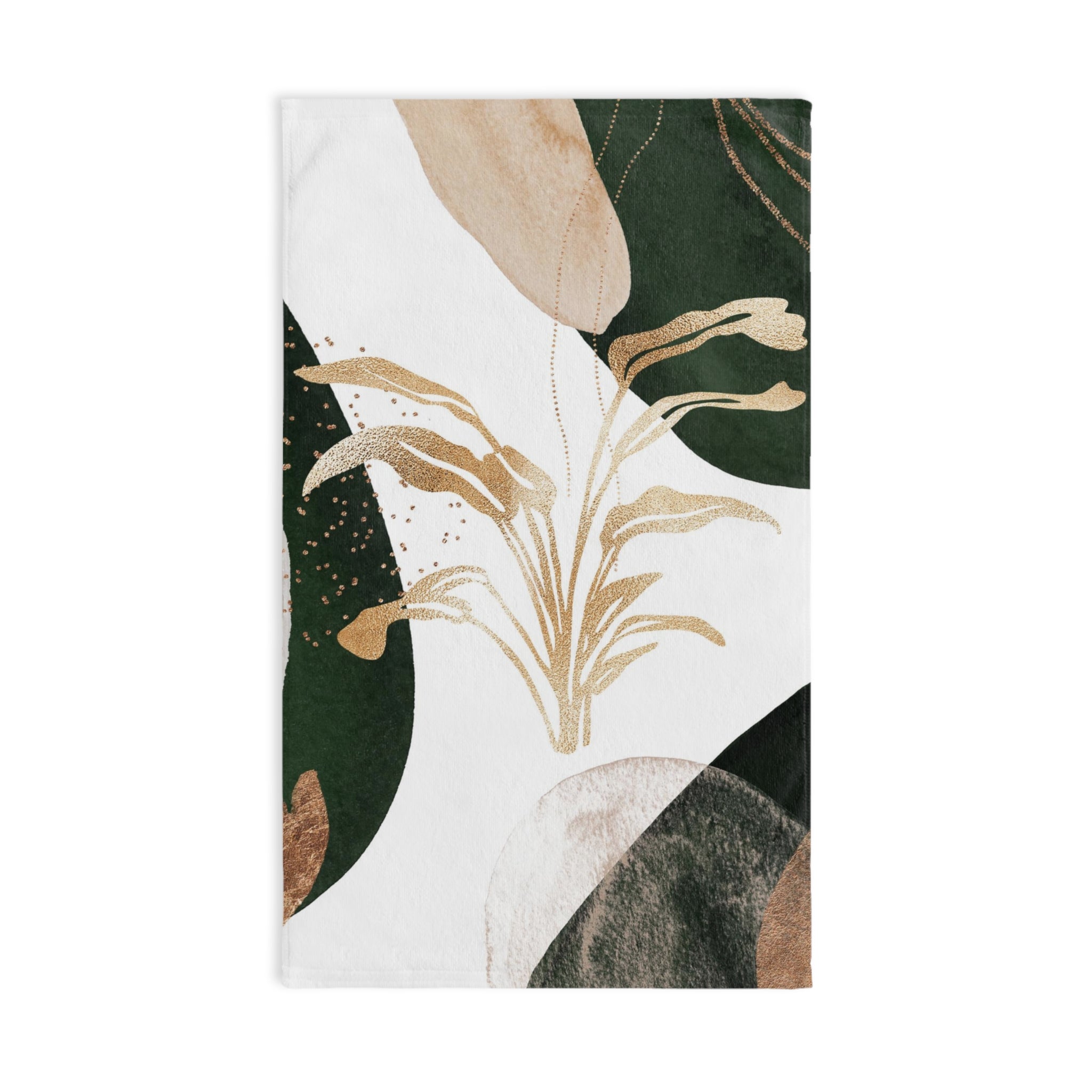 Boho Floral Kitchen, Bath Hand Towel | White Dark Green, Beige Gold