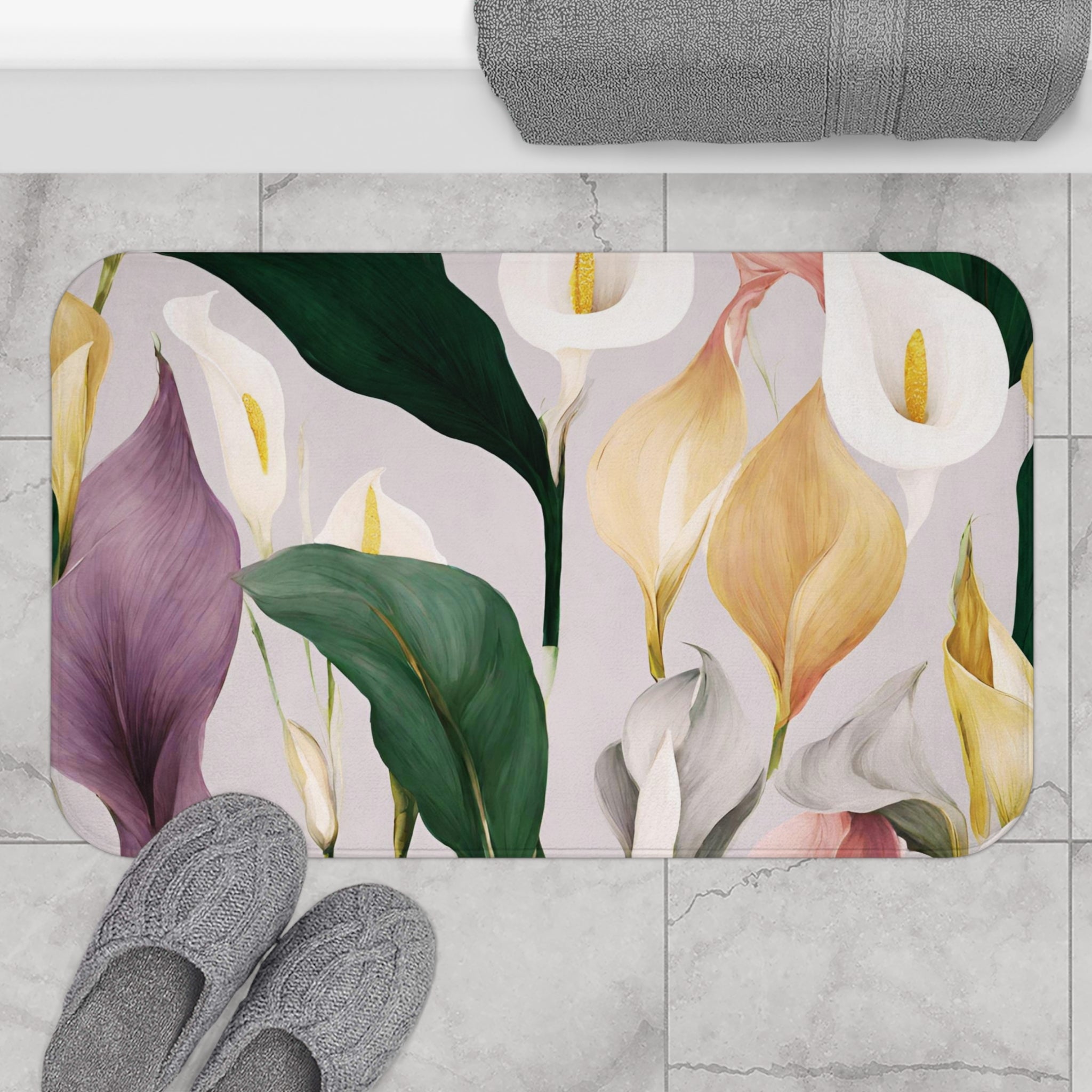 Calla Lilies Bath Mat, Kitchen Mat | Purple Pink Green