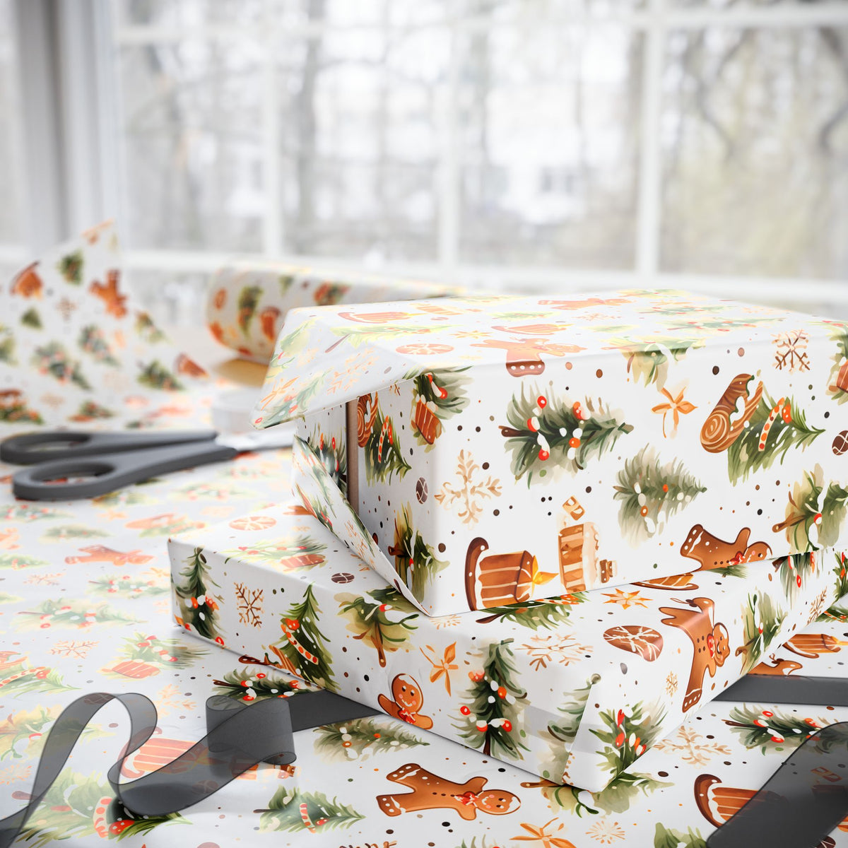 Gingerbread Man Snowy Tree Christmas Wrapping Paper, Gift Wrap
