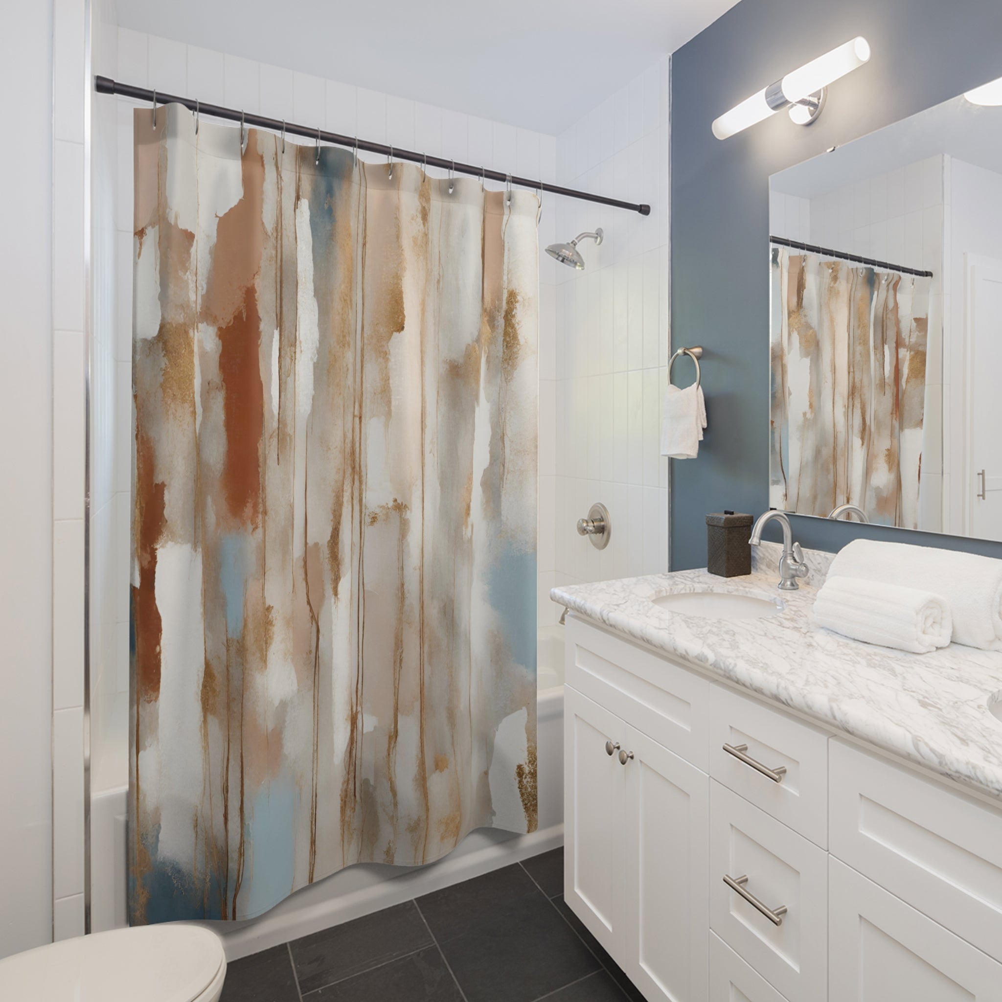 Boho Shower Curtain | White Blush Blue, Beige Rust Grey Watercolor